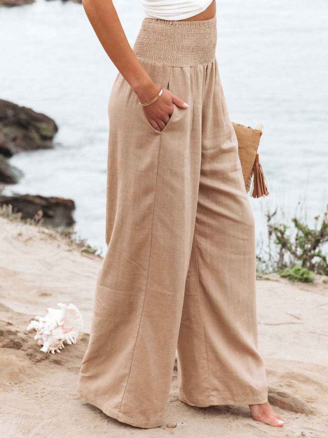 Full Size Smocked Waist Wide Leg Pants - Whateversit