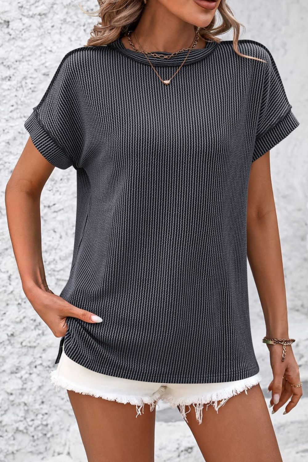 Striped Round Neck Short Sleeve T-Shirt - Whateversit