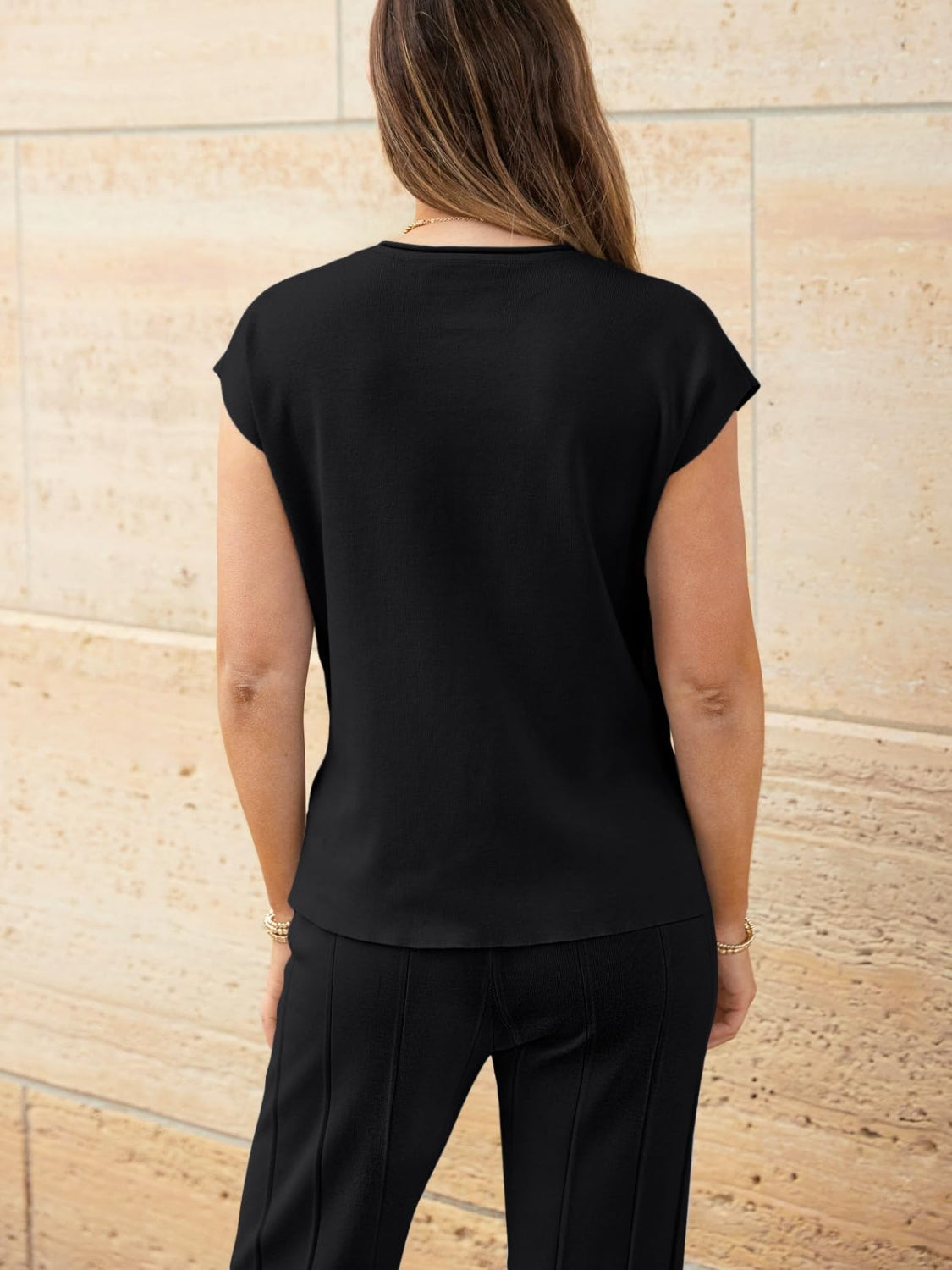 Round Neck Cap Sleeve Top and Pants Knit Set - Whateversit