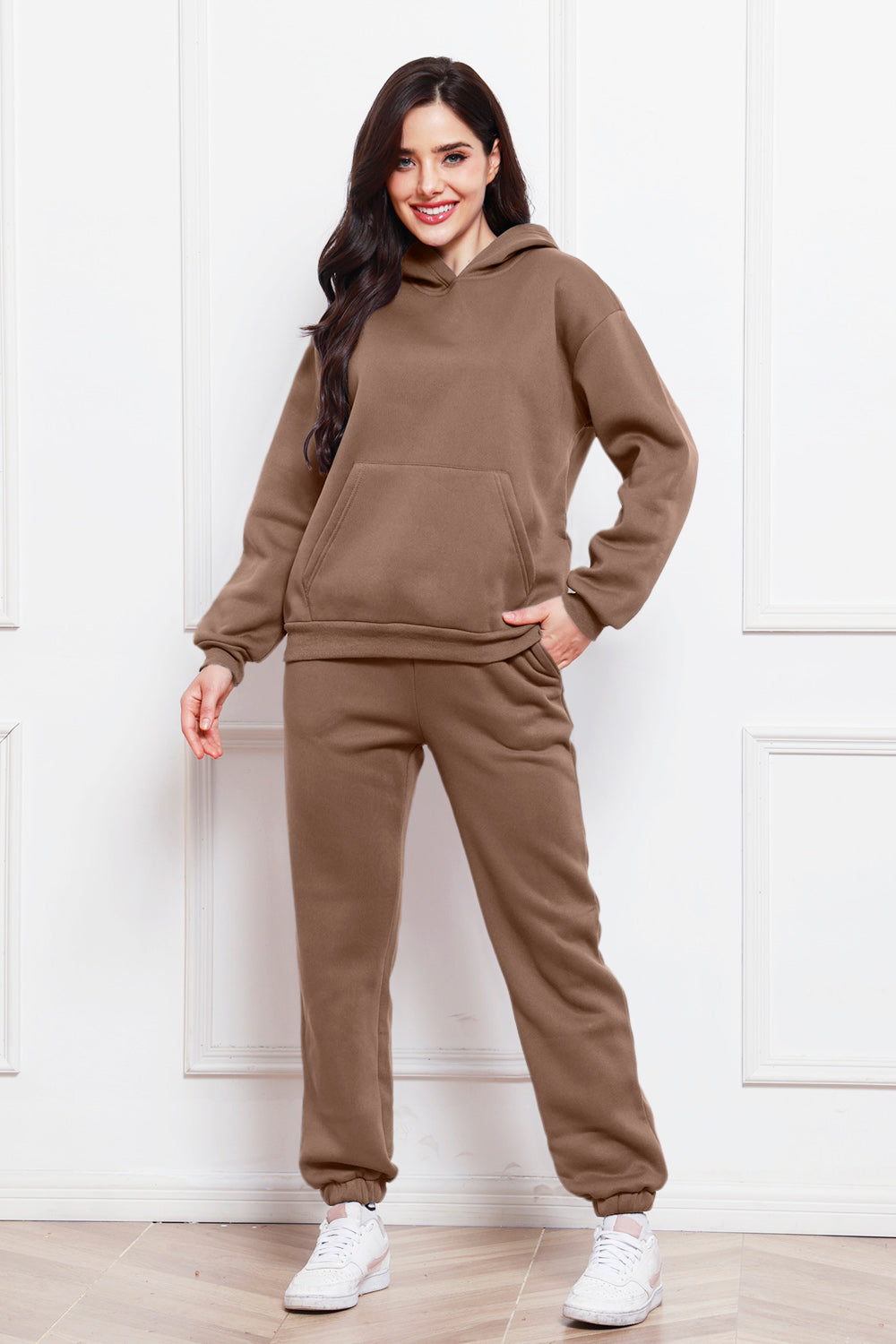 Drop Shoulder Long Sleeve Hoodie and Pants Set - Whateversit