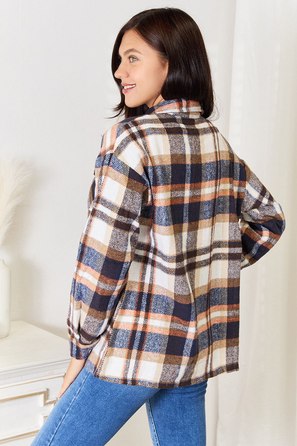Double Take Plaid Button Front Shirt Jacket with Breast Pockets - Whateversit