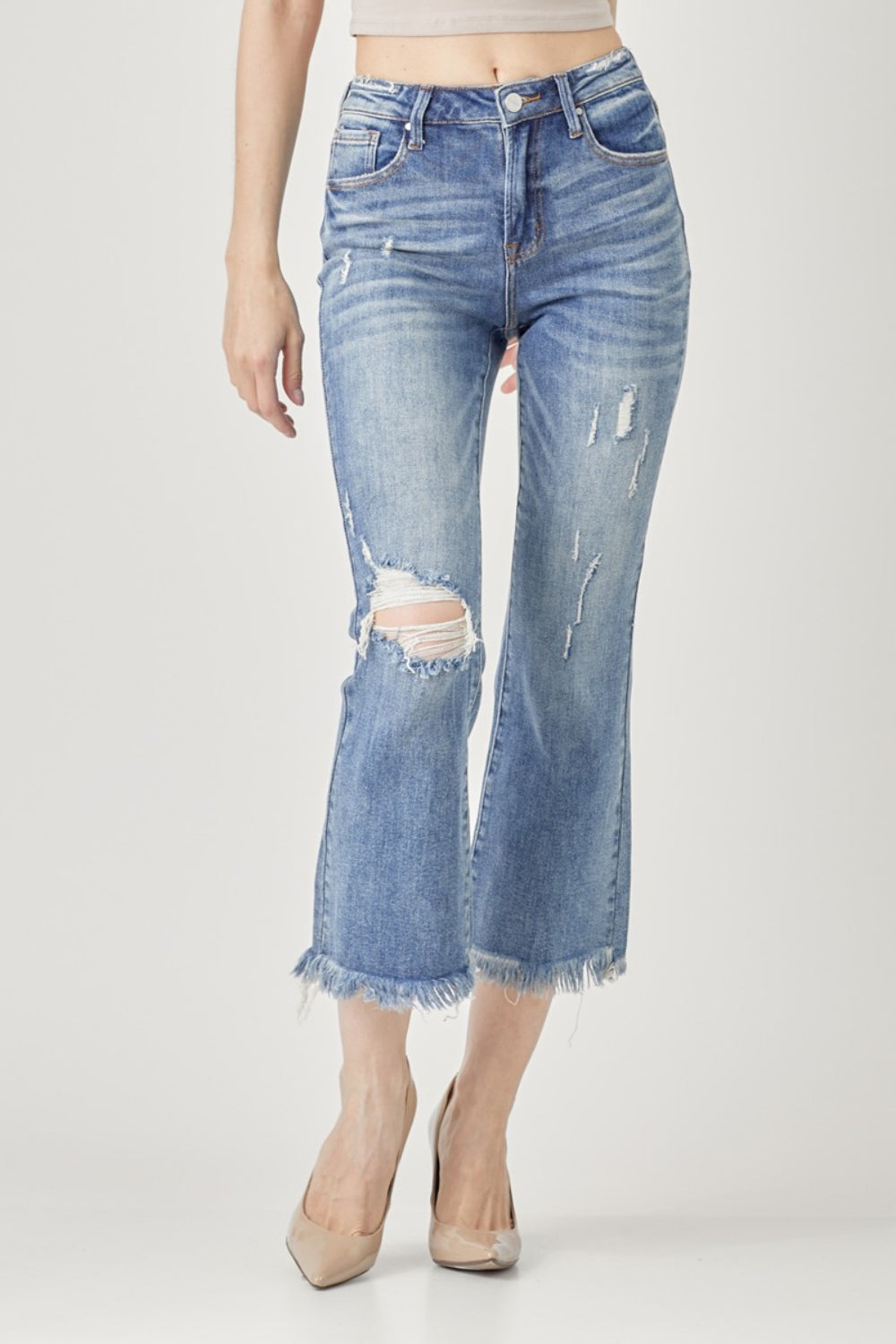 RISEN High Waist Distressed Cropped Bootcut Jeans - Whateversit