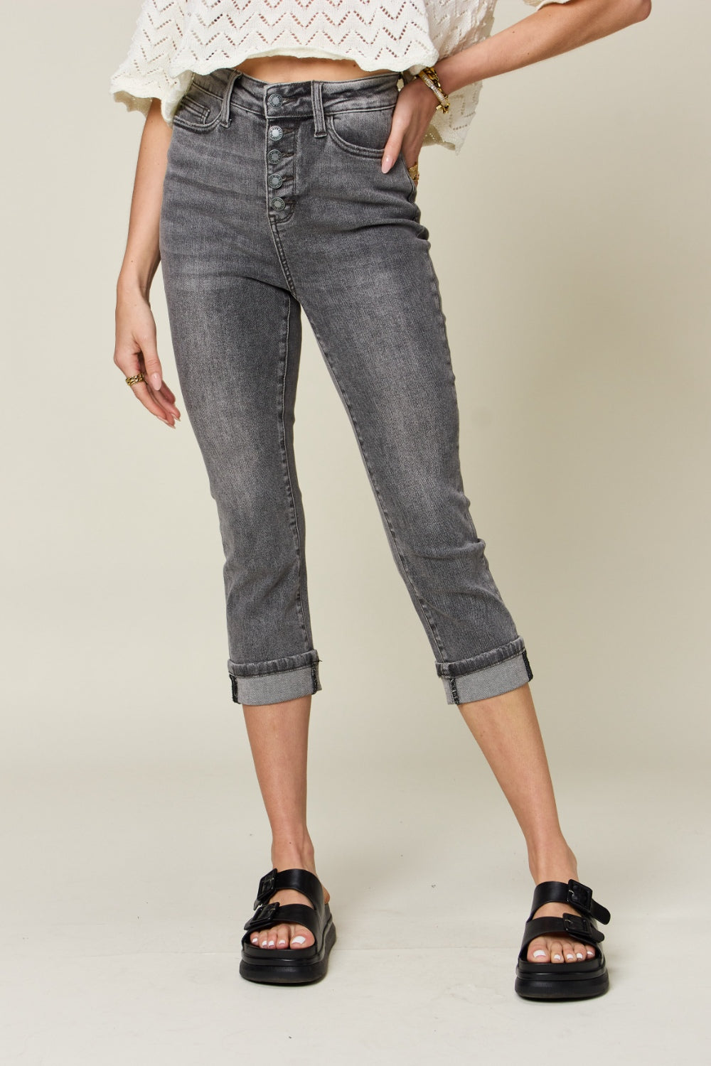 Judy Blue Full Size Button Fly High Waist Cuffed Capris - Whateversit