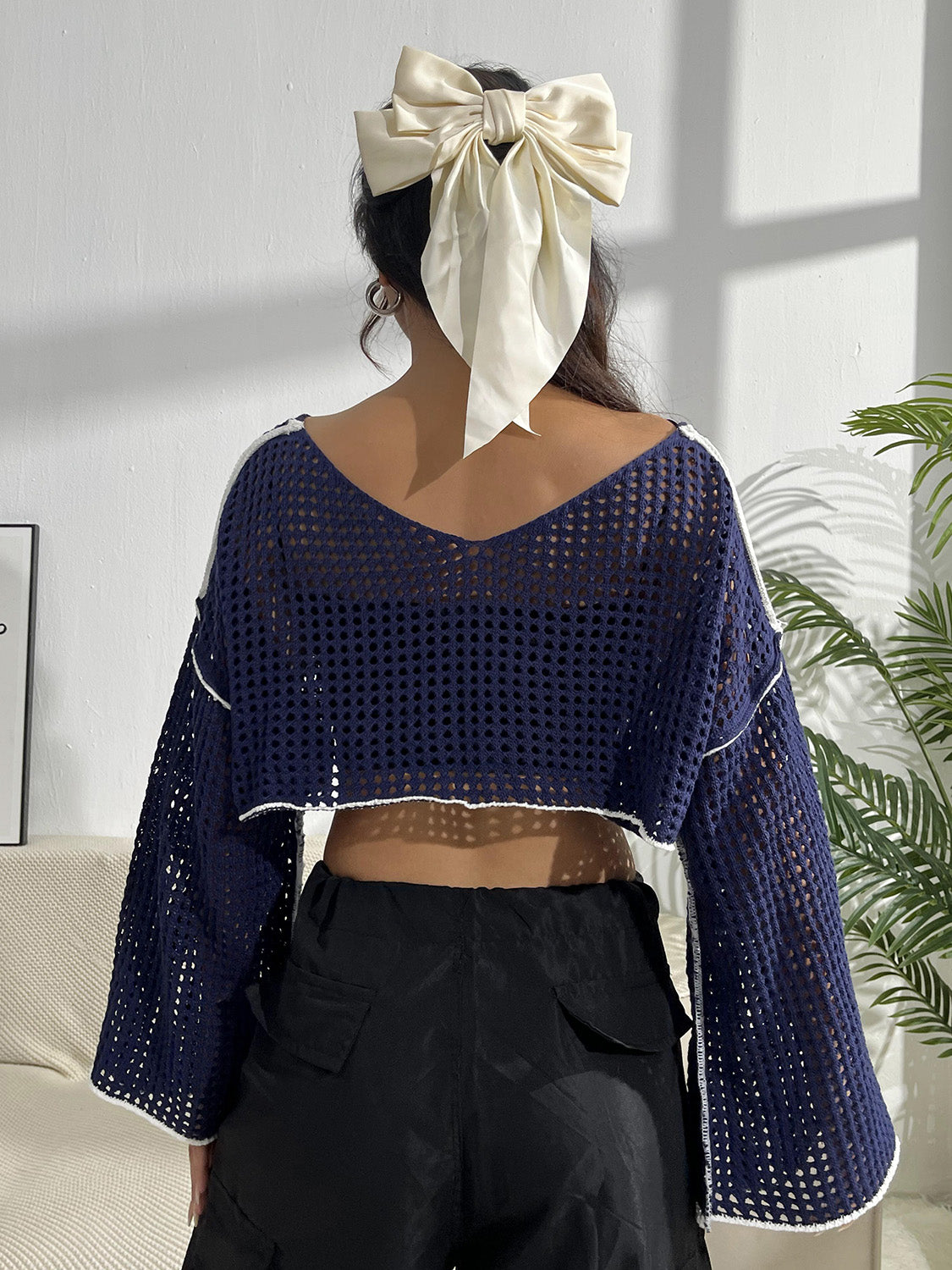 Contrast Patches Long Sleeve Cropped Knit Top - Whateversit