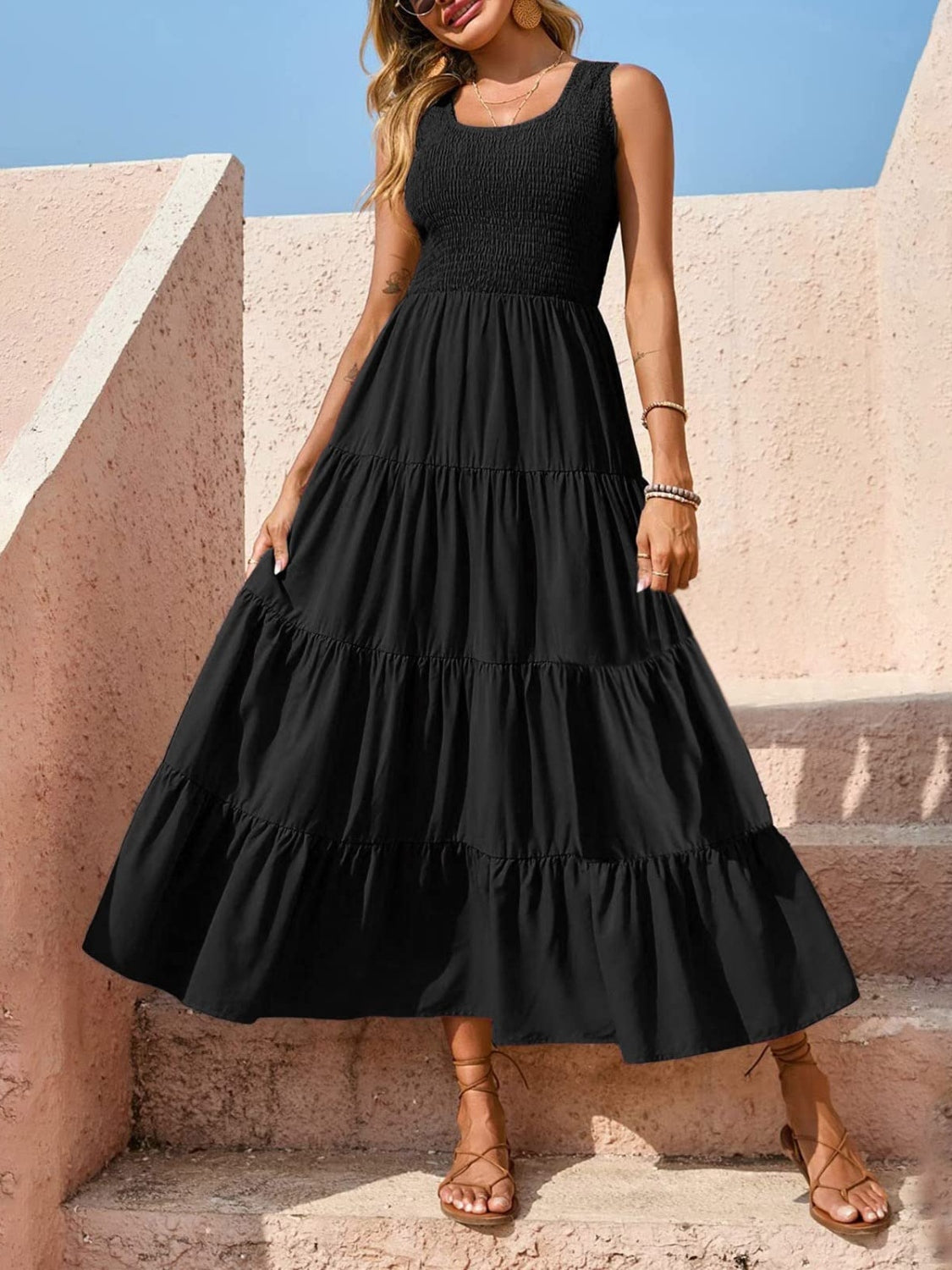 Tiered Smocked Wide Strap Dress - Whateversit