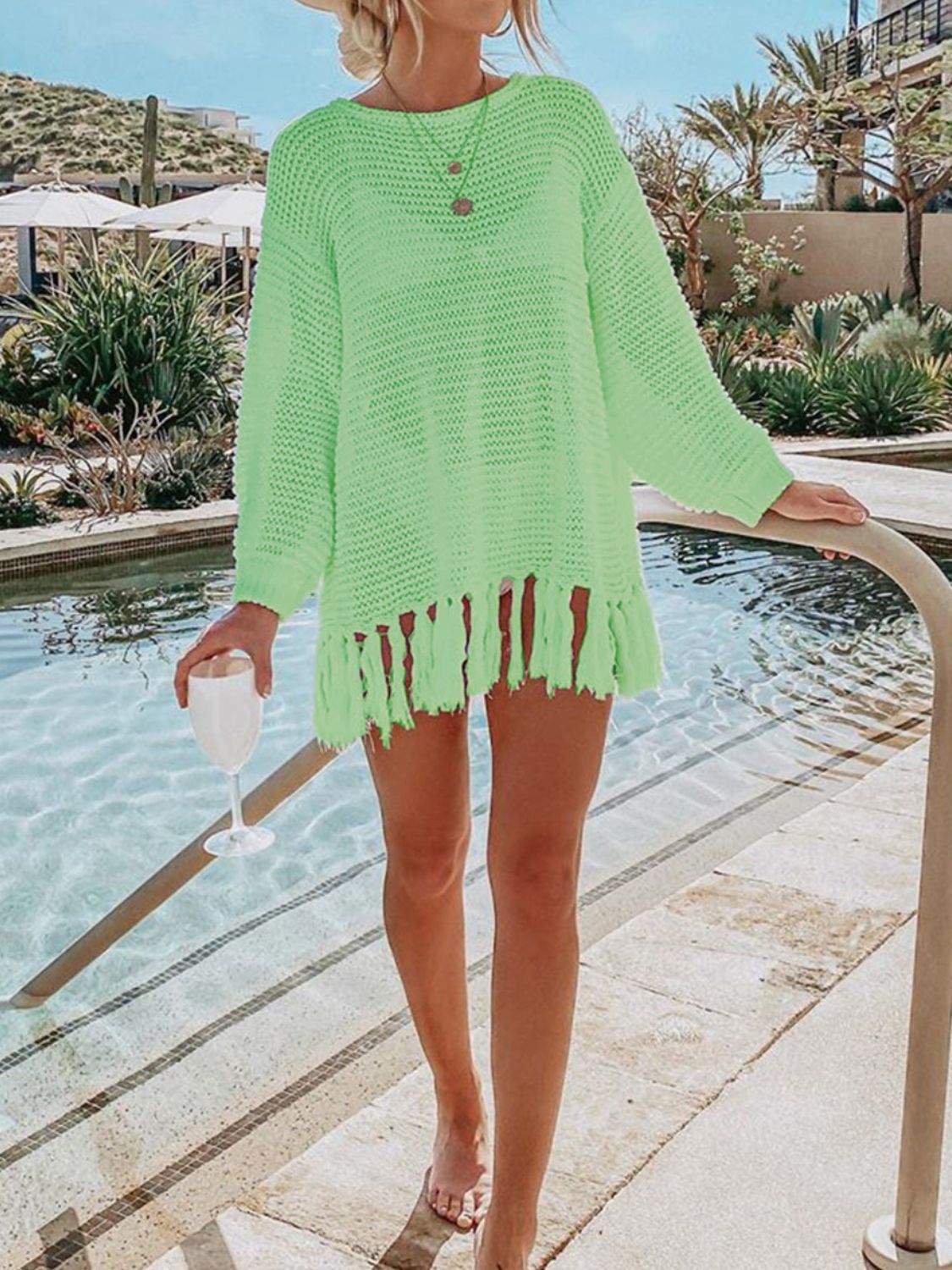 Double Take Openwork Tassel Hem Long Sleeve Knit Cover Up - Whateversit