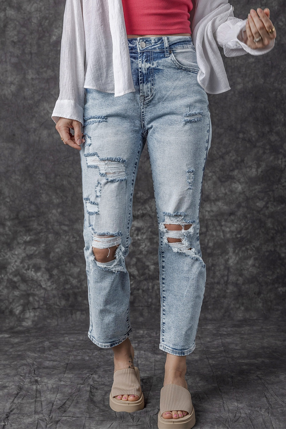 Distressed High Waist Jeans - Whateversit