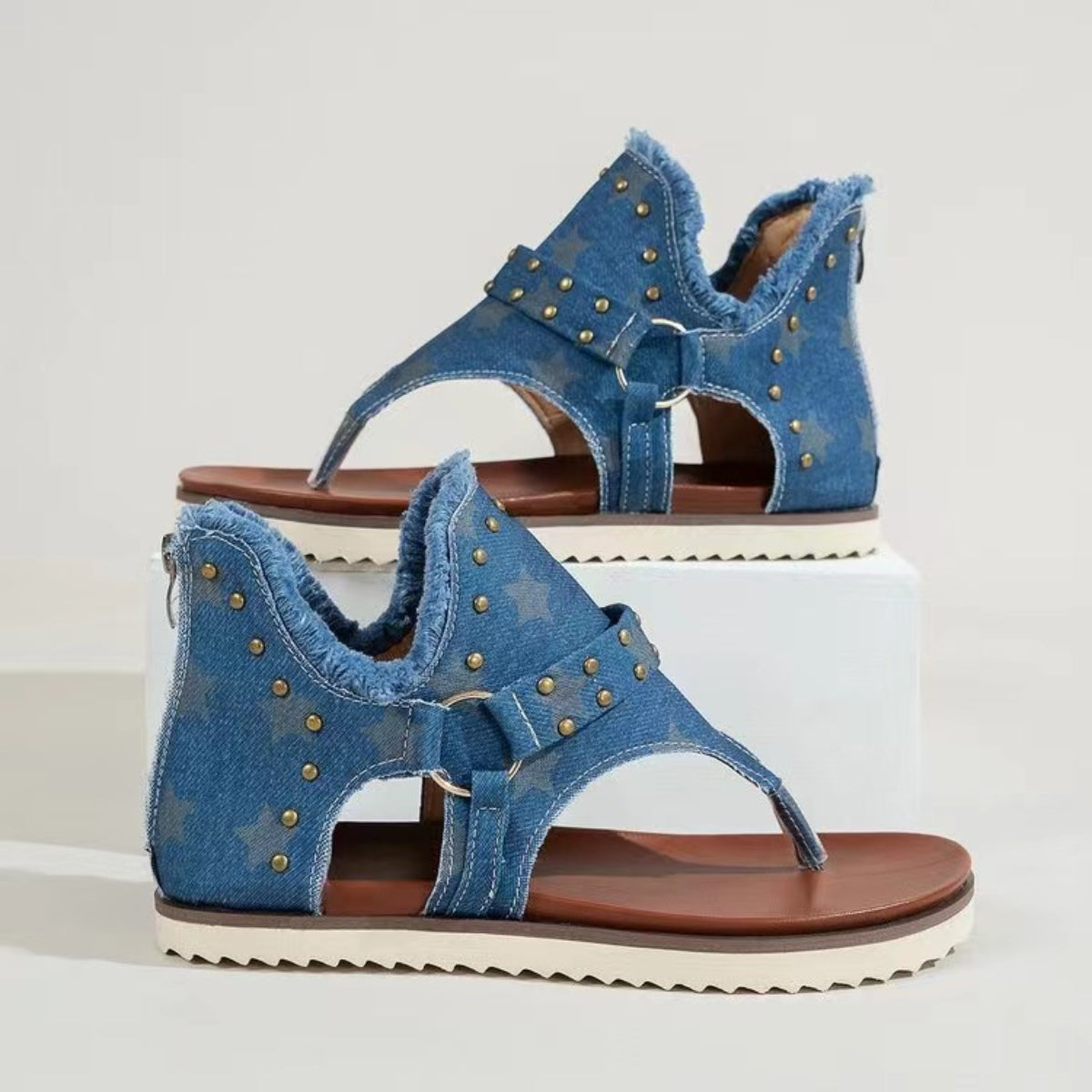 Studded Raw Hem Flat Sandals - Whateversit