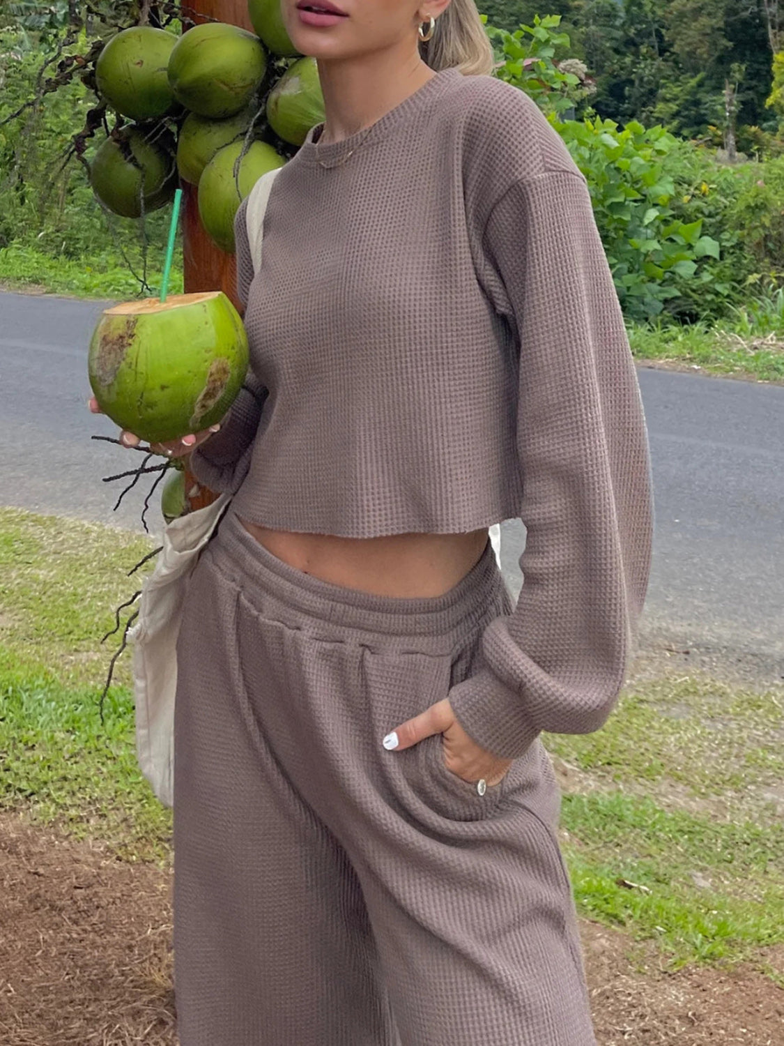 Waffle-Knit Round Neck Top and Pants Set - Whateversit