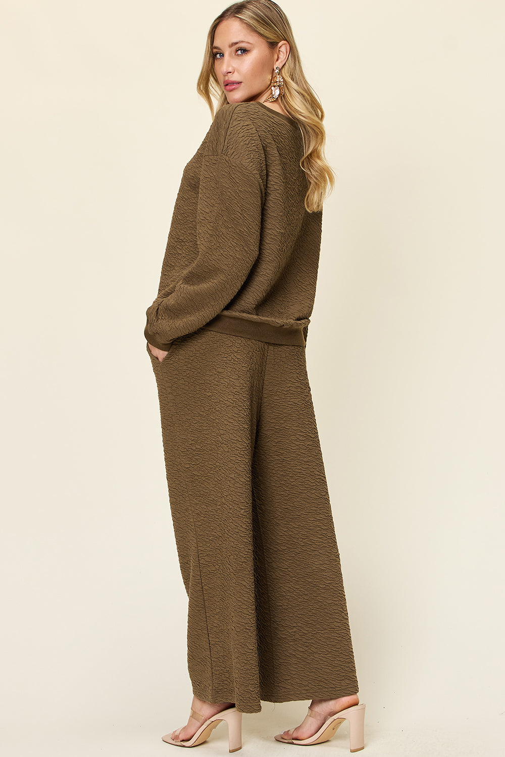 Double Take Full Size Texture Long Sleeve Top and Pants Set - Whateversit