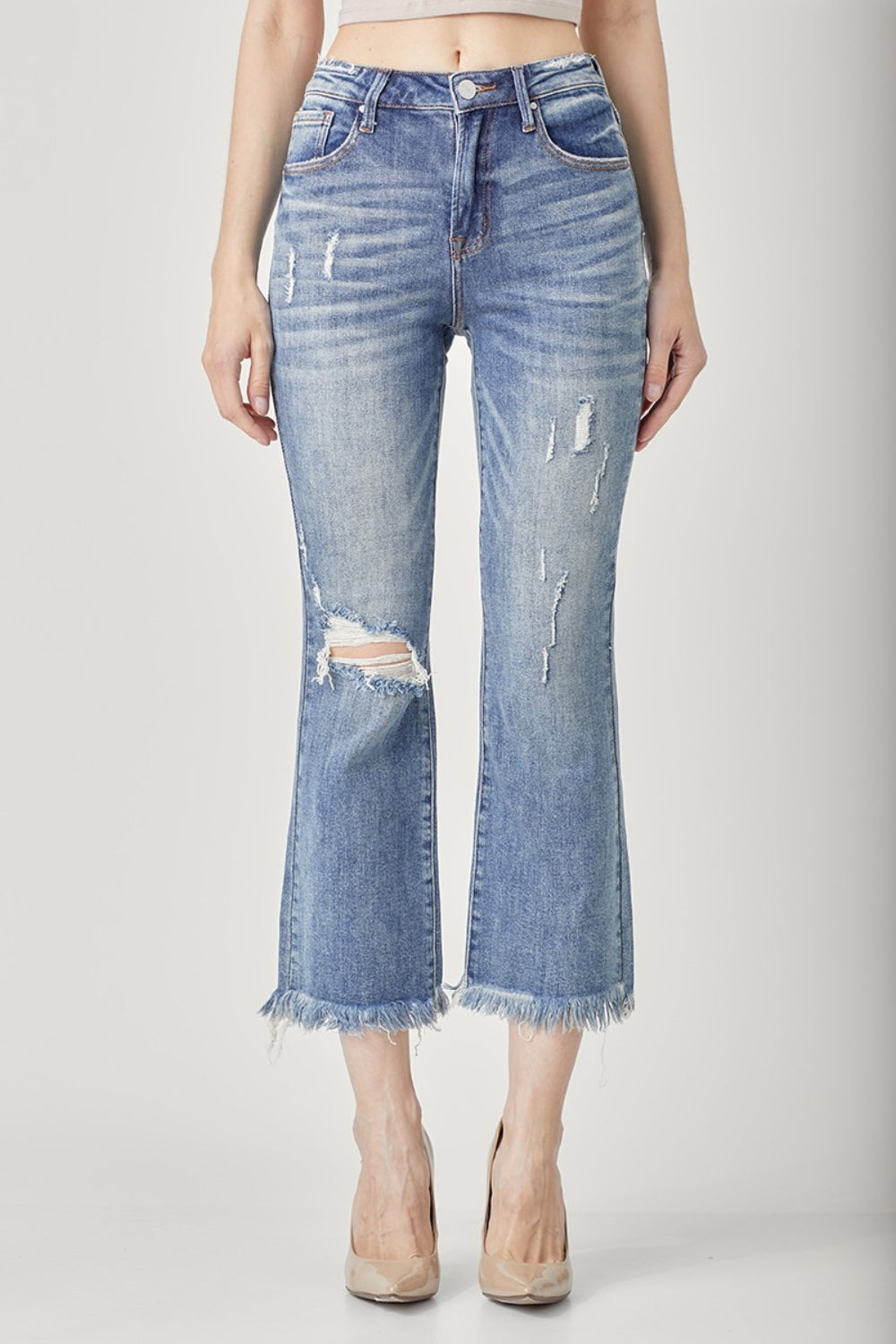 RISEN High Waist Distressed Cropped Bootcut Jeans - Whateversit