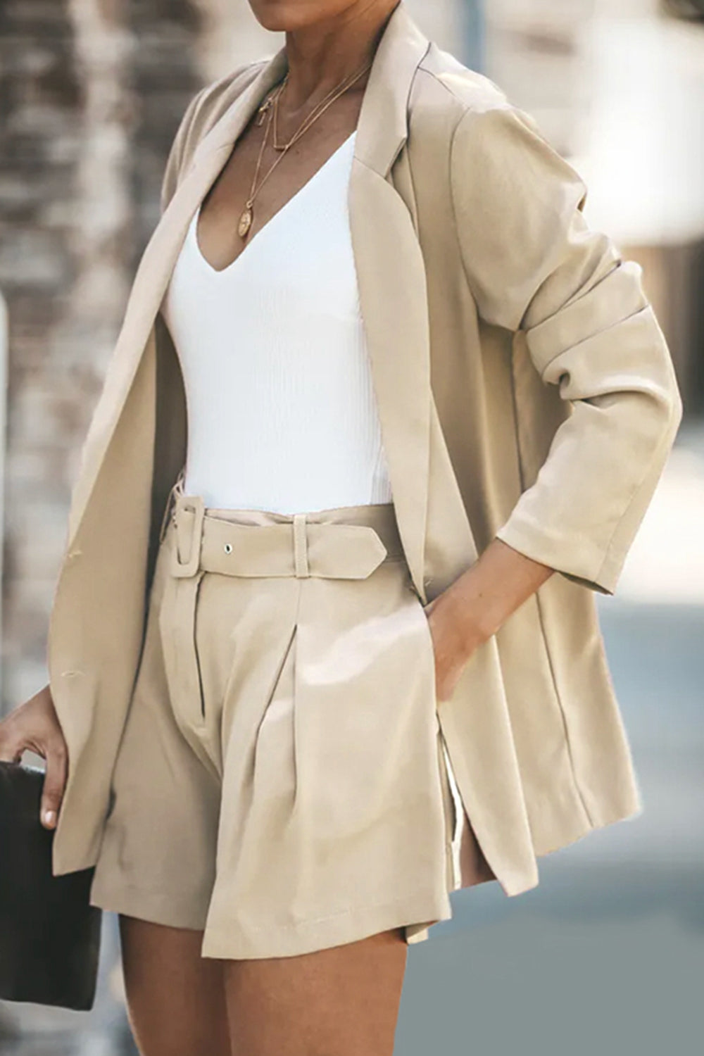 Longline Blazer and Shorts Set with Pockets - Whateversit