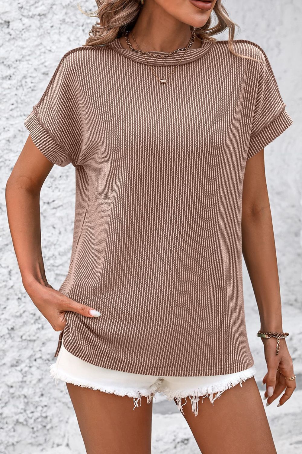 Striped Round Neck Short Sleeve T-Shirt - Whateversit