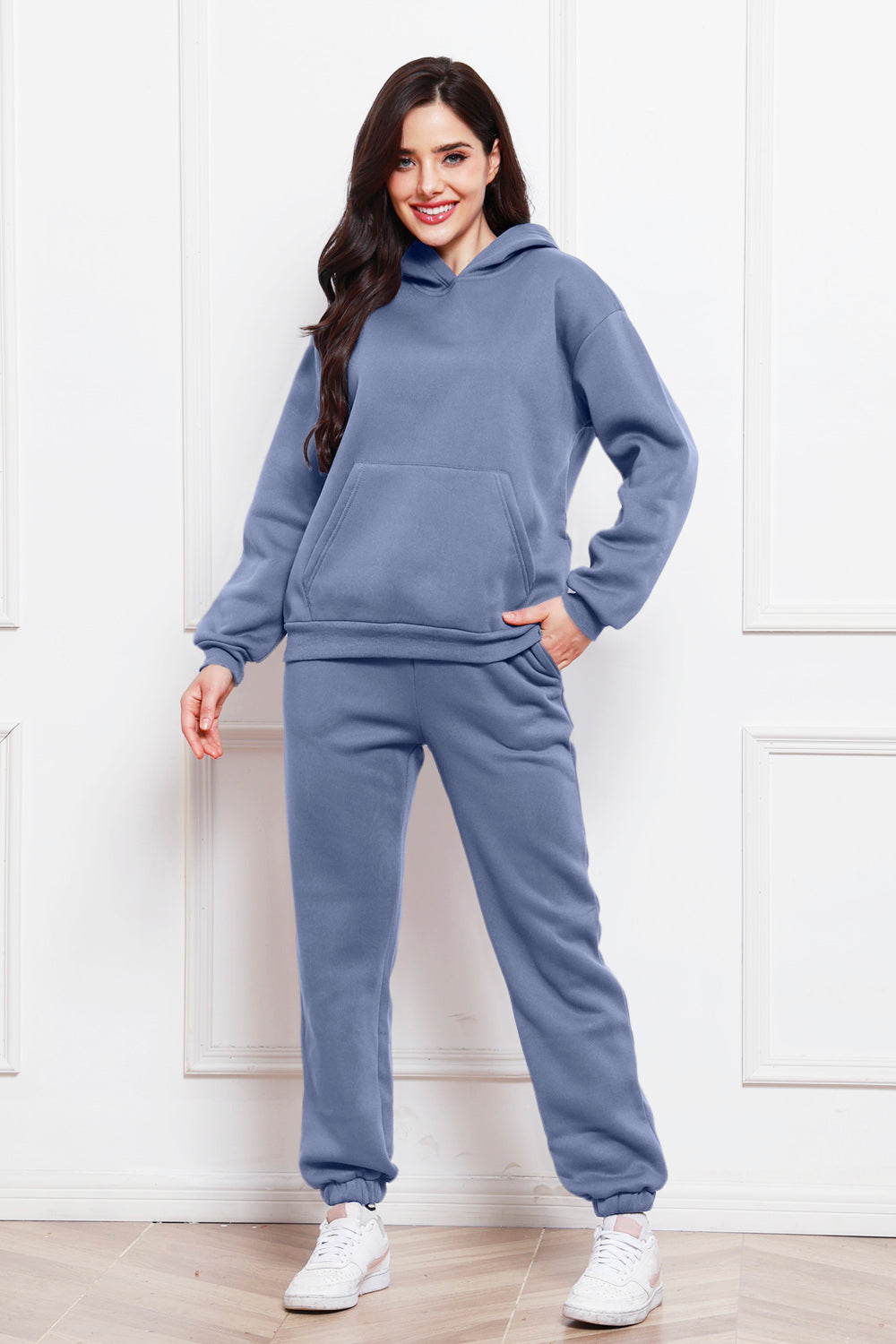 Drop Shoulder Long Sleeve Hoodie and Pants Set - Whateversit