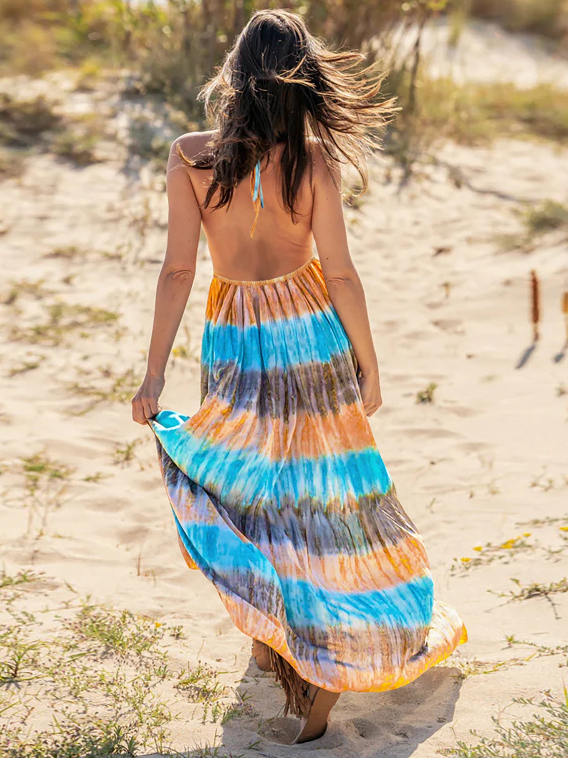 Tie-Dye Halter Neck Sleeveless Dress - Whateversit