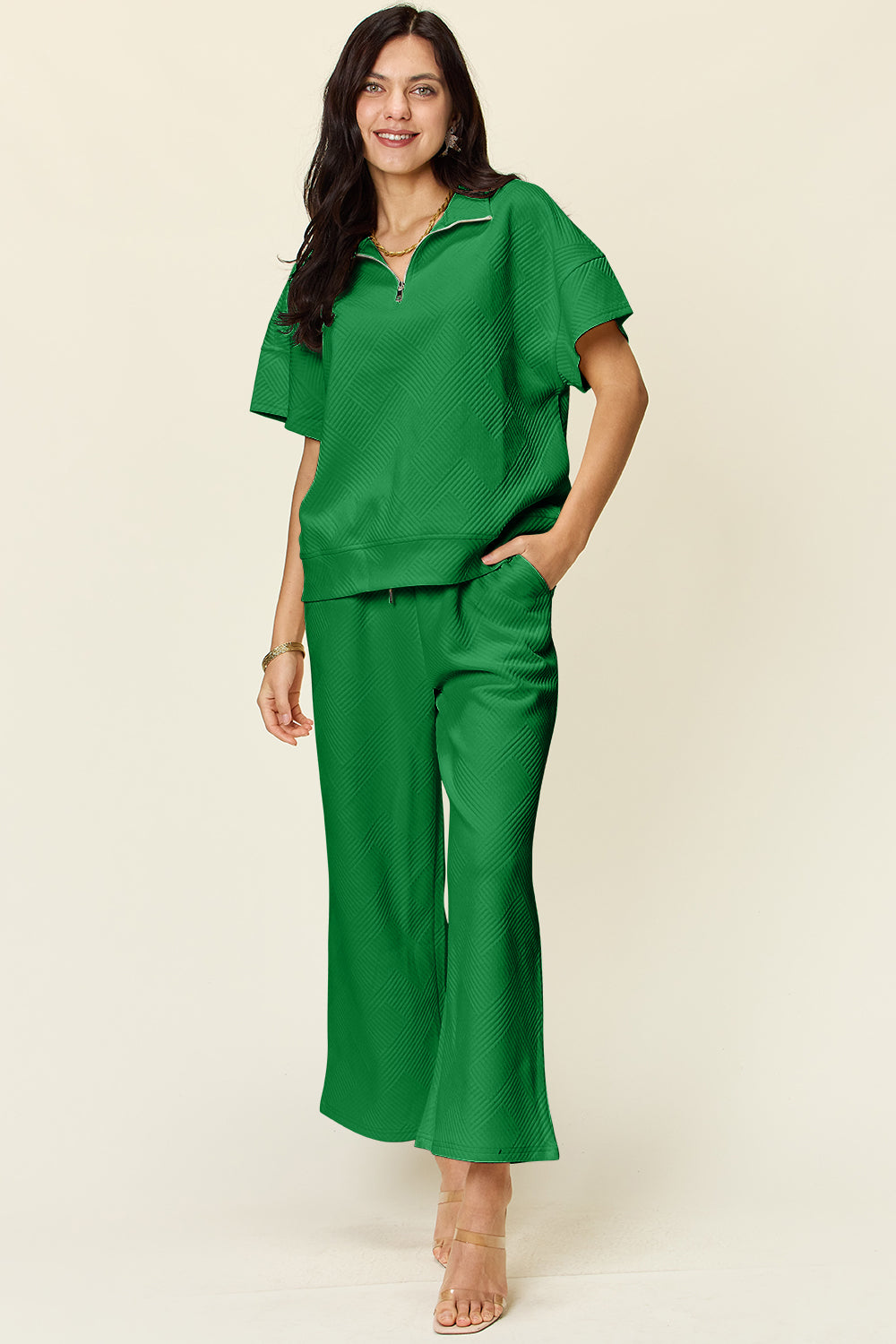 Double Take Full Size Texture Half Zip Short Sleeve Top and Pants Set - Whateversit