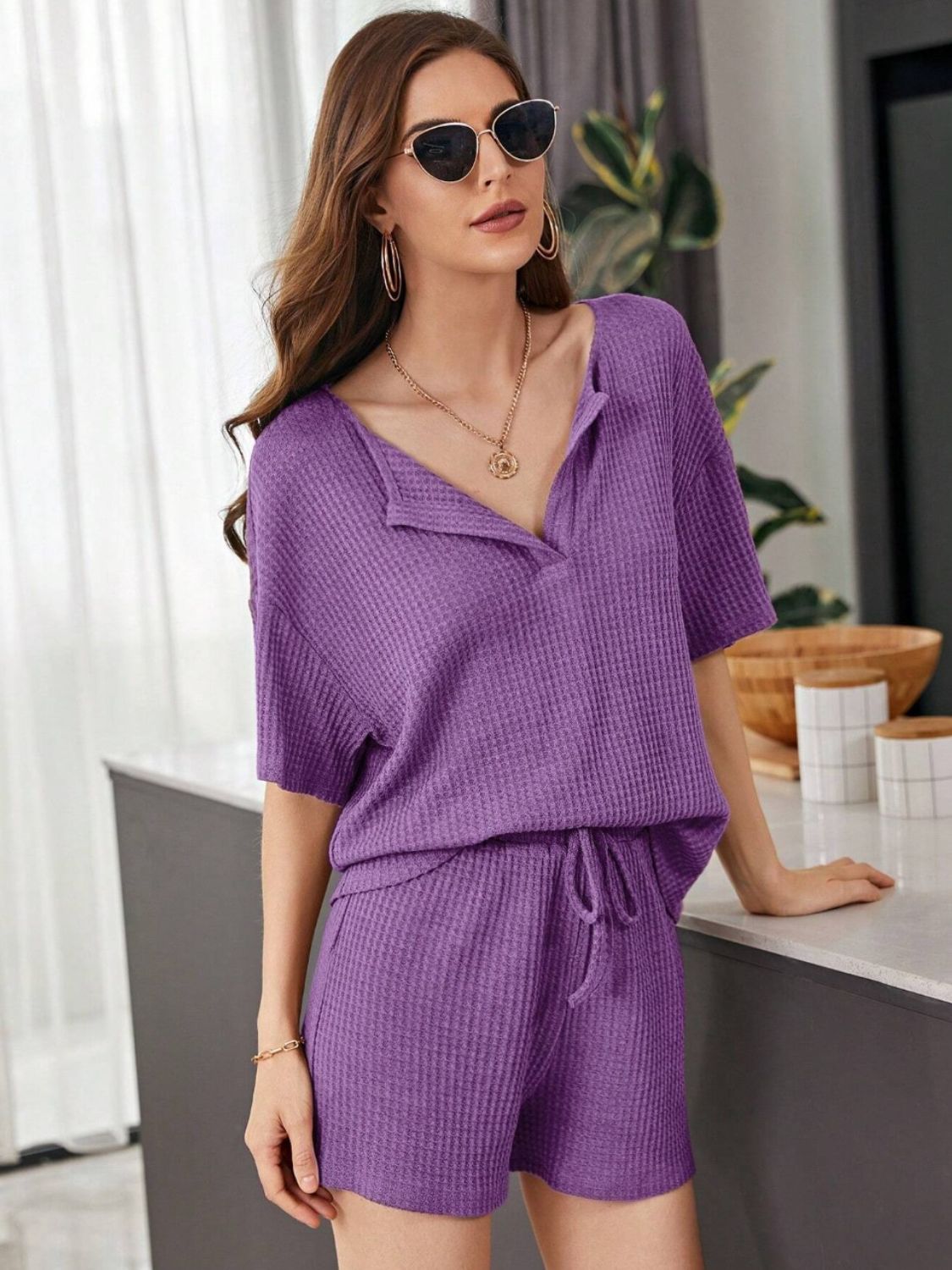 Full Size Waffle-Knit Dropped Shoulder Top and Shorts Set - Whateversit