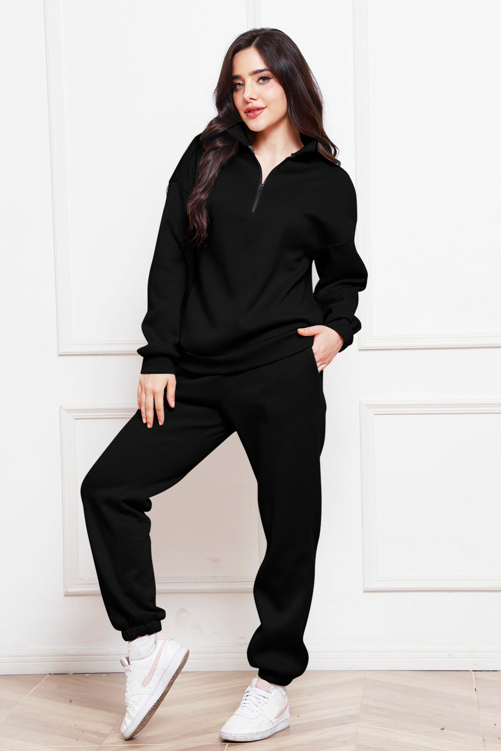 Half Zip Long Sleeve Sweatshirt and Pants Set - Whateversit