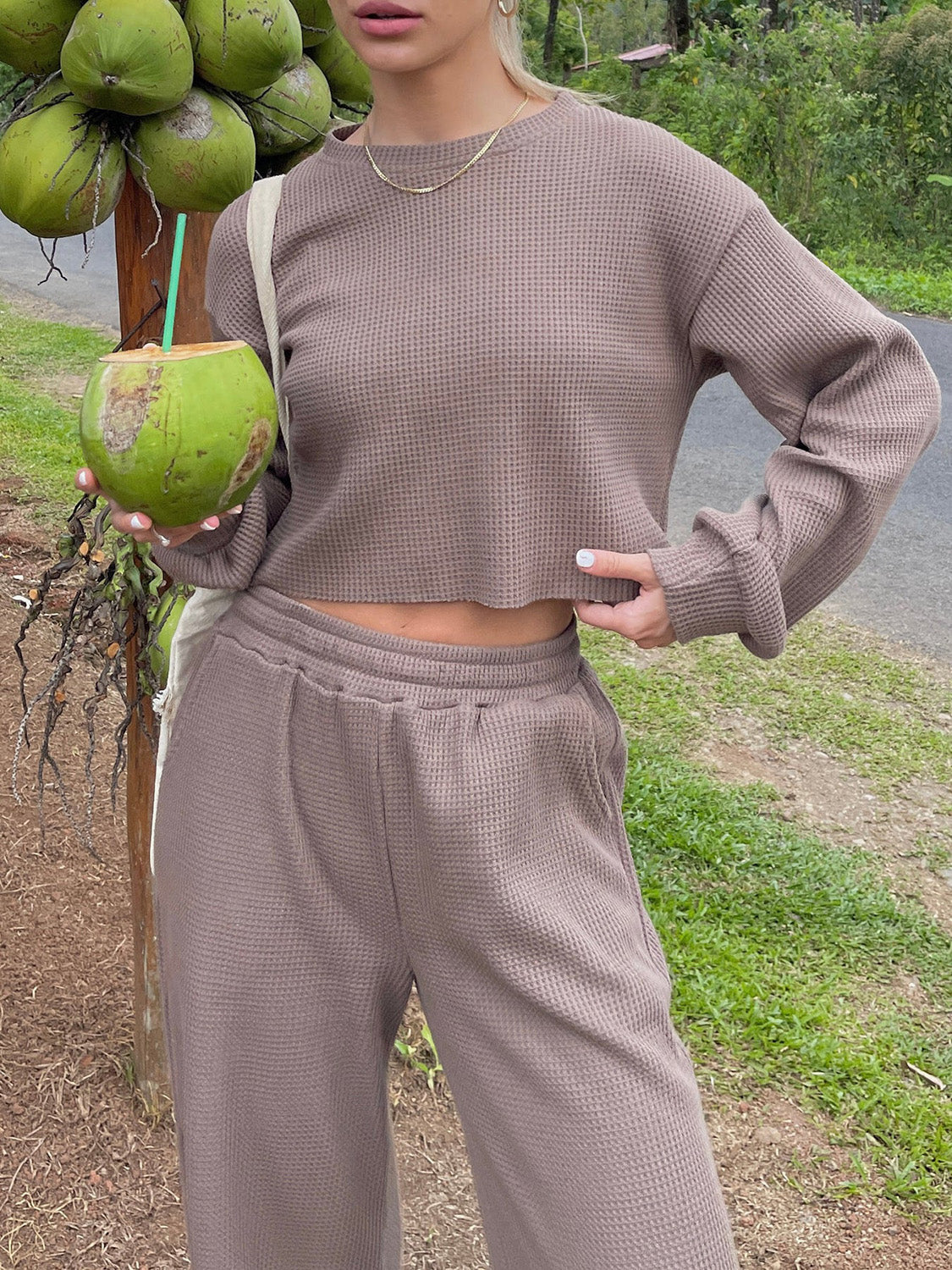 Waffle-Knit Round Neck Top and Pants Set - Whateversit