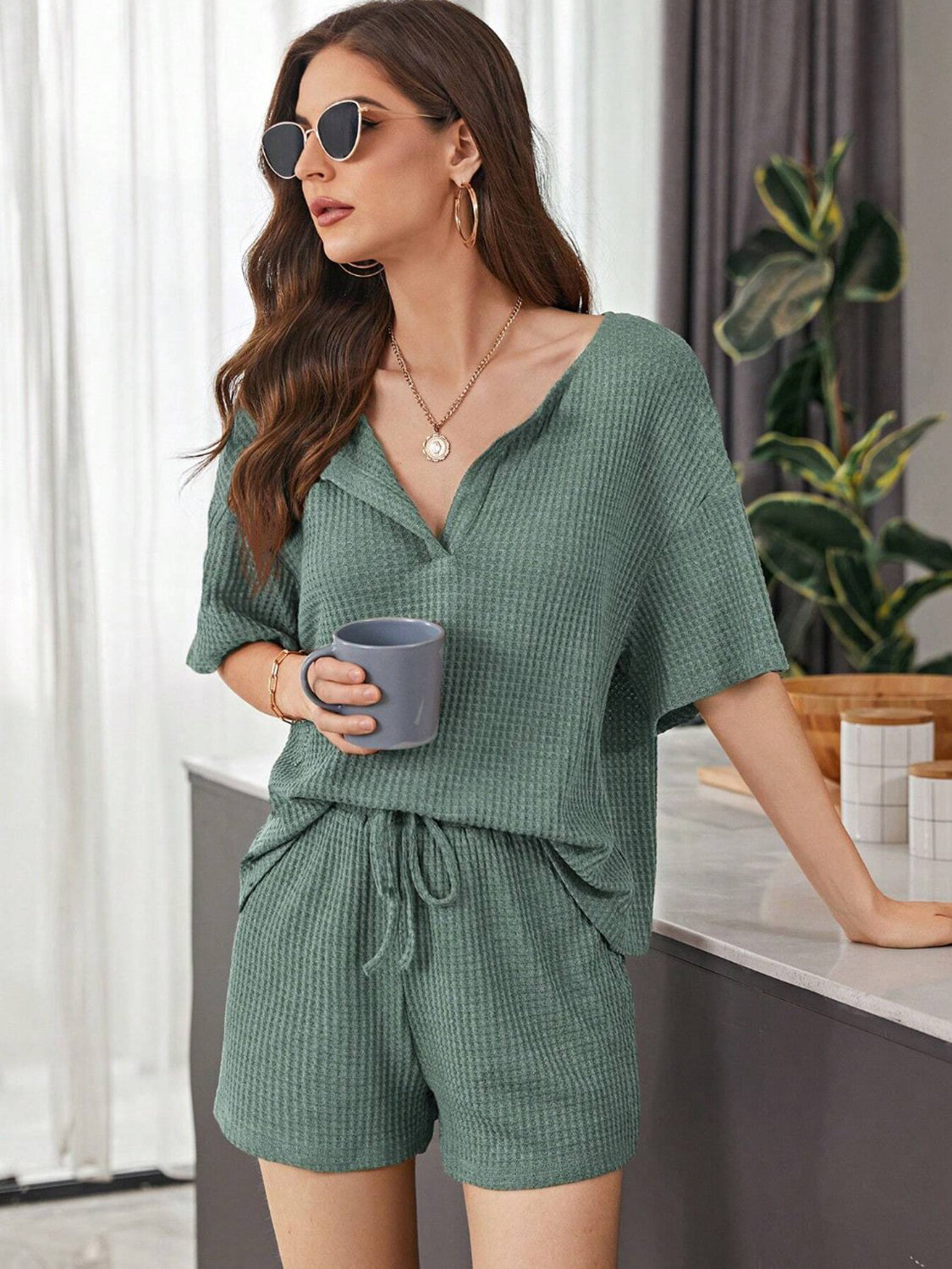 Full Size Waffle-Knit Dropped Shoulder Top and Shorts Set - Whateversit