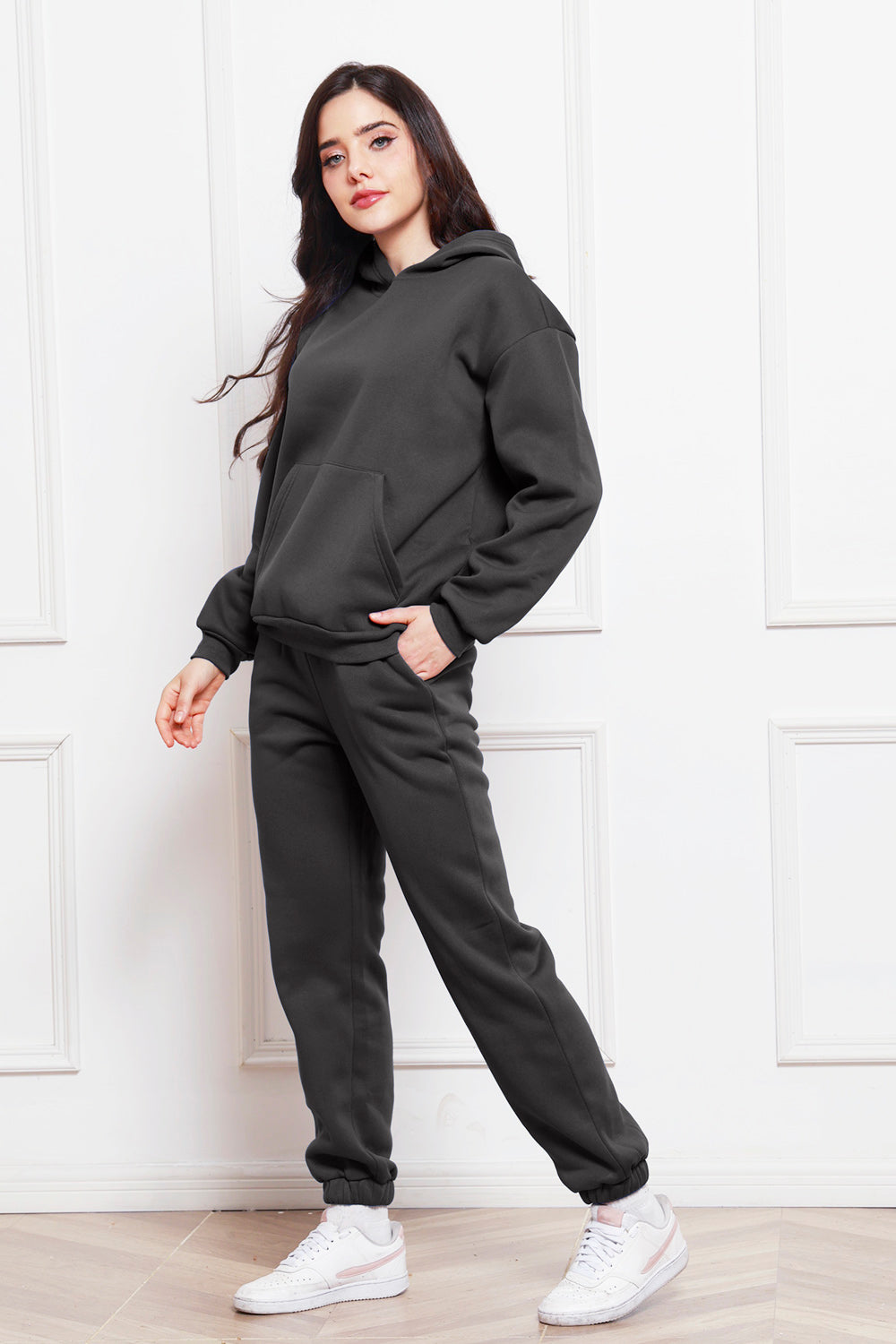 Drop Shoulder Long Sleeve Hoodie and Pants Set - Whateversit