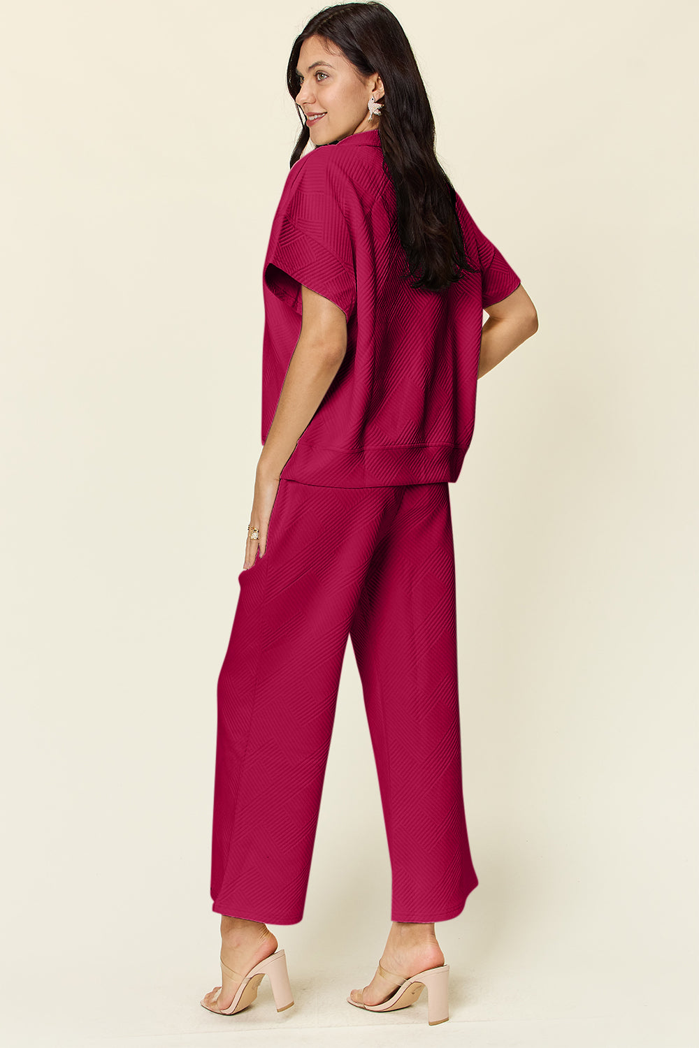 Double Take Full Size Texture Half Zip Short Sleeve Top and Pants Set - Whateversit