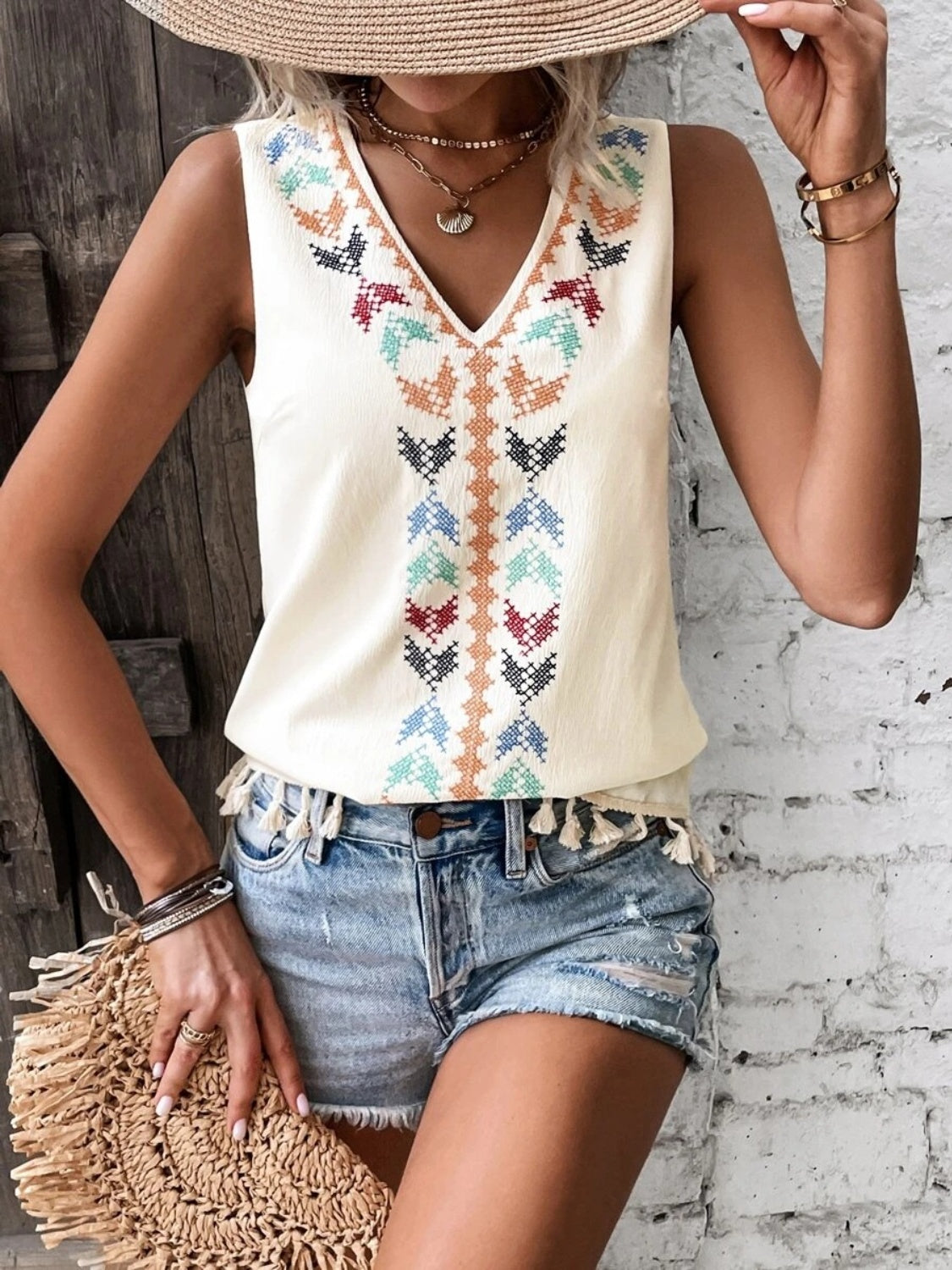 Tassel Printed V-Neck Tank - Whateversit