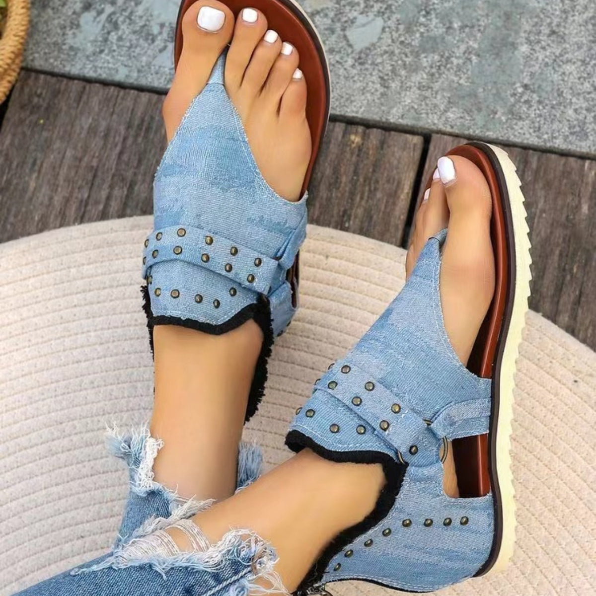 Studded Raw Hem Flat Sandals - Whateversit