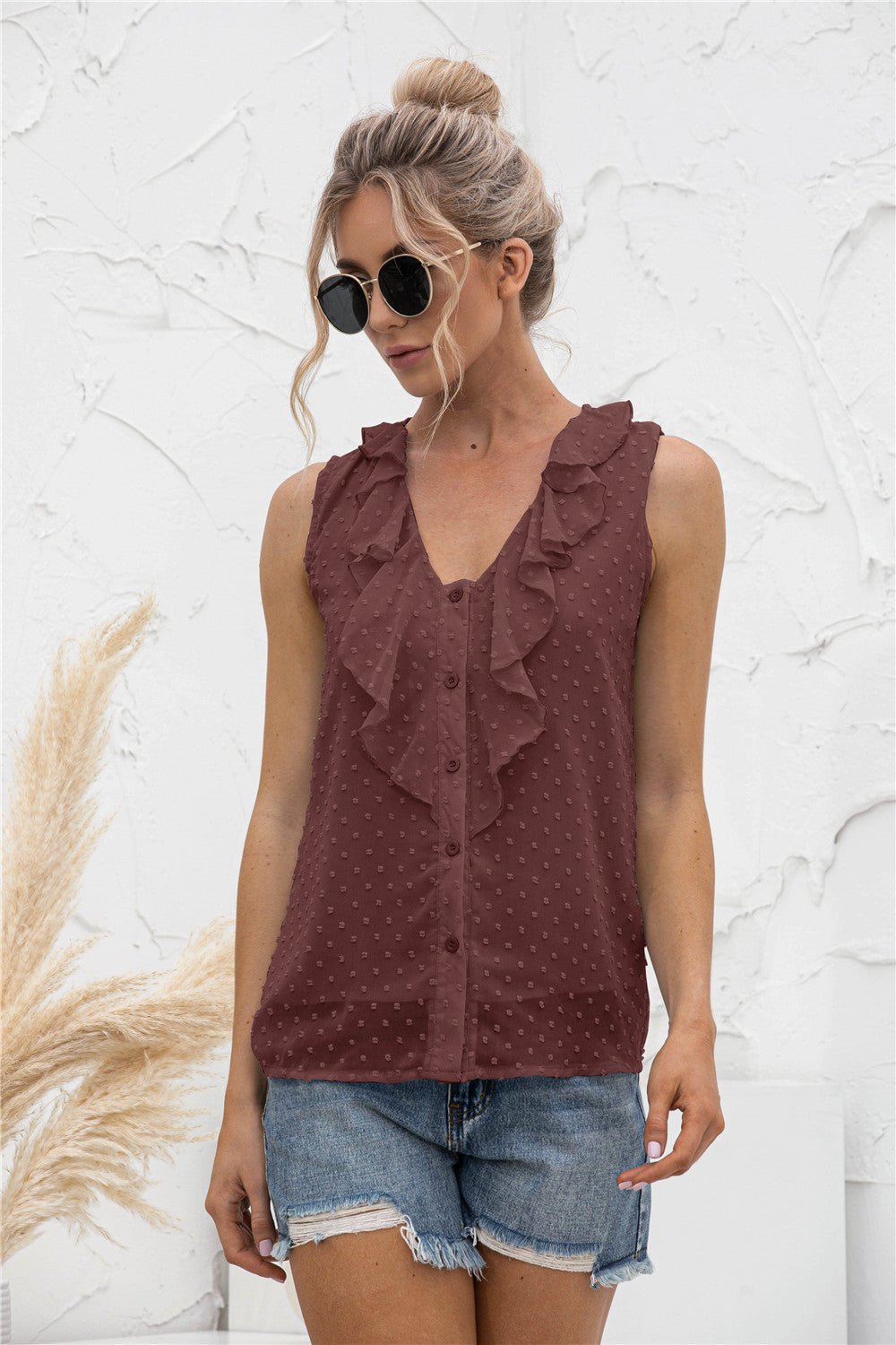 Swiss Dot Ruffled Wide Strap Tank - Whateversit