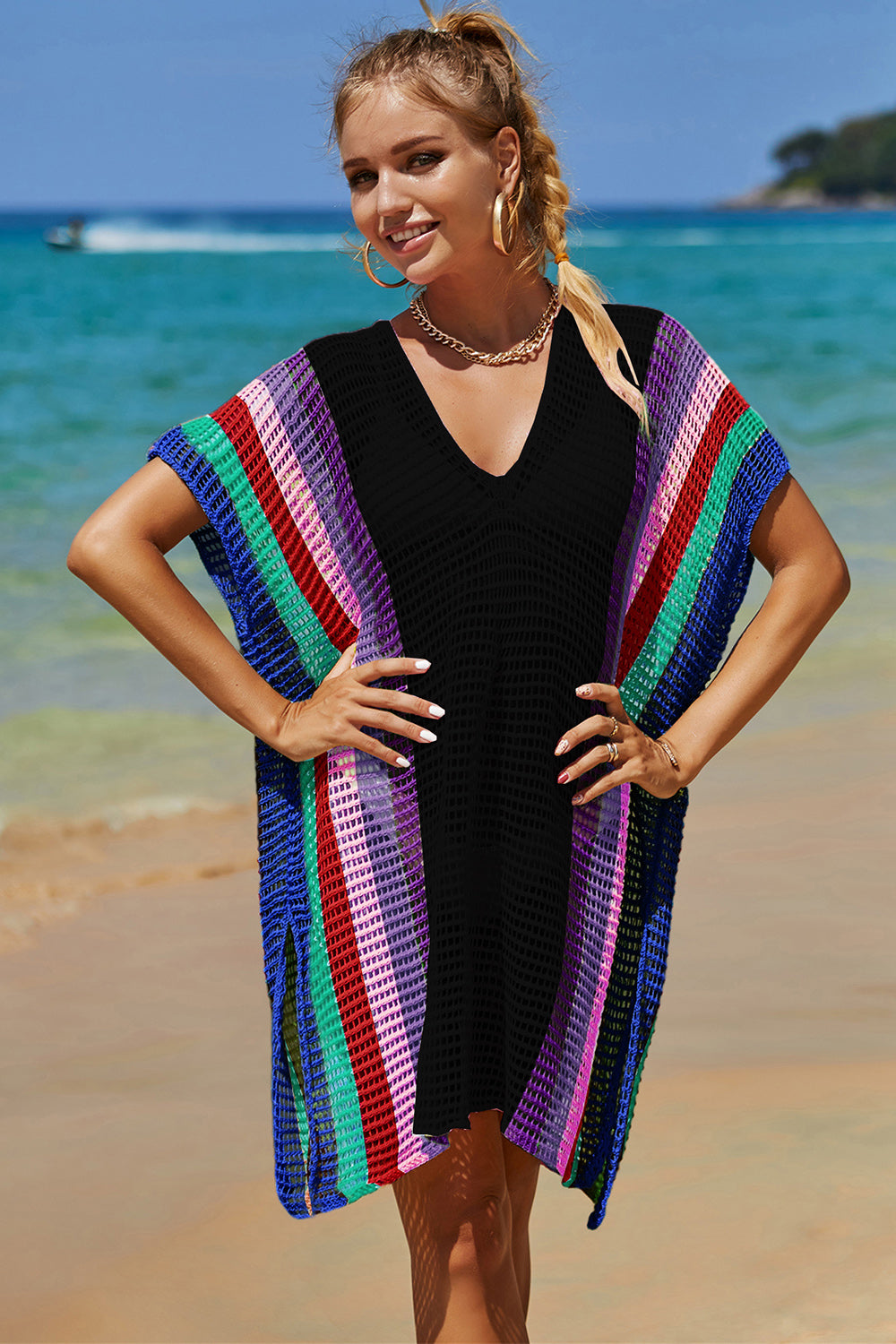 Double Take Openwork Striped Slit Knit Cover Up - Whateversit