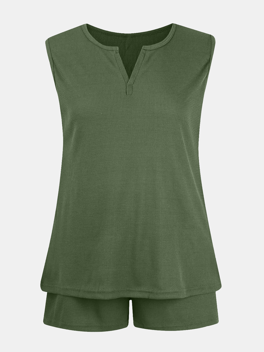 Full Size Waffle-Knit Notched Top and Shorts Set - Whateversit