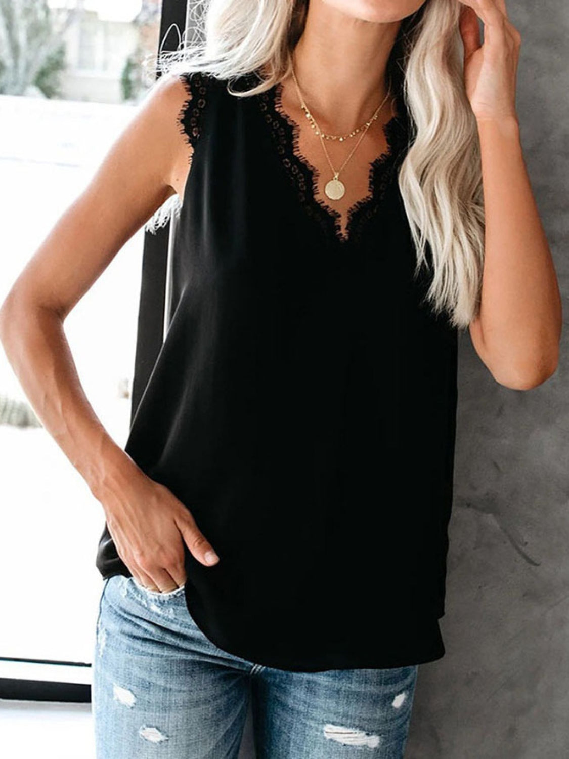 Lace Detail V-Neck Tank - Whateversit