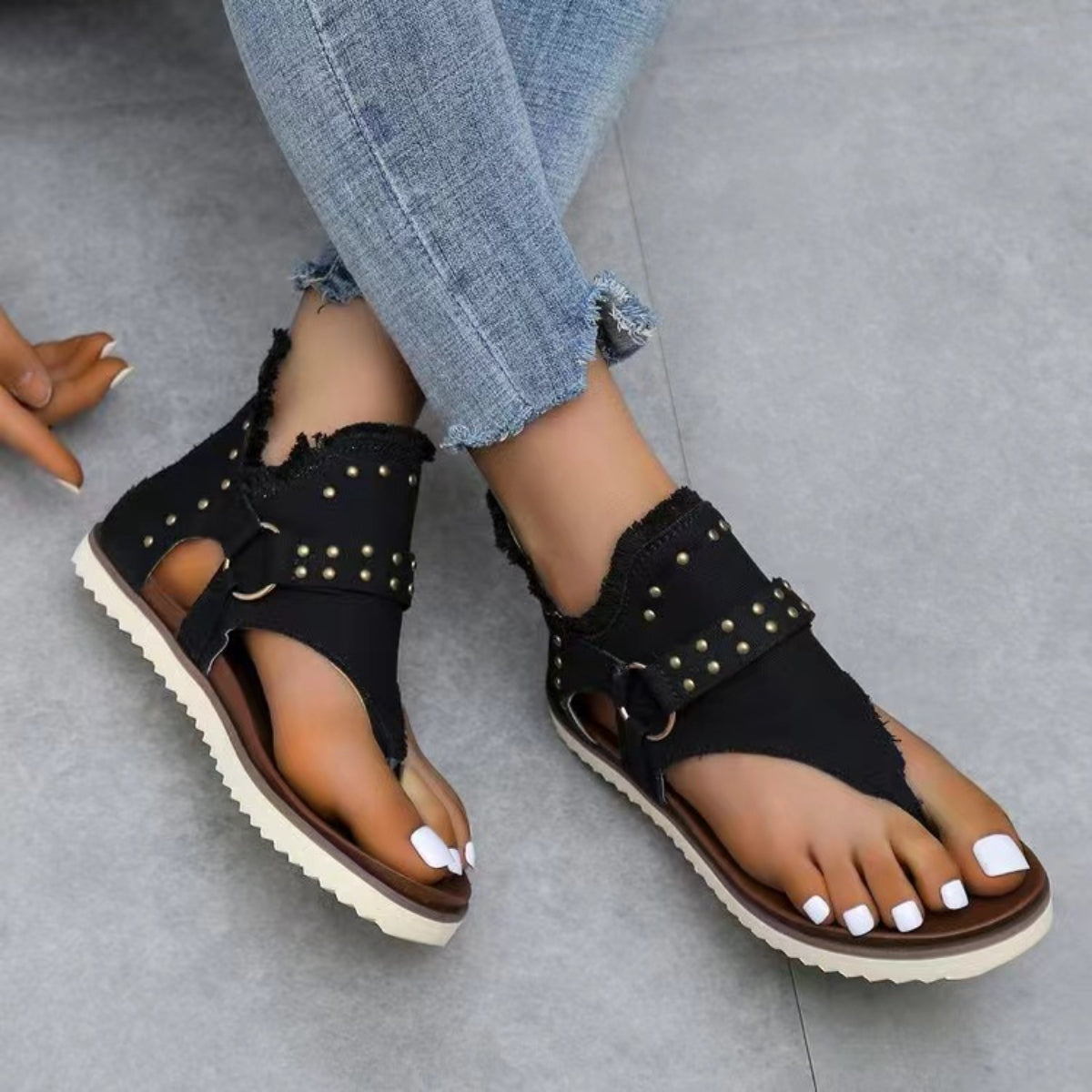 Studded Raw Hem Flat Sandals - Whateversit