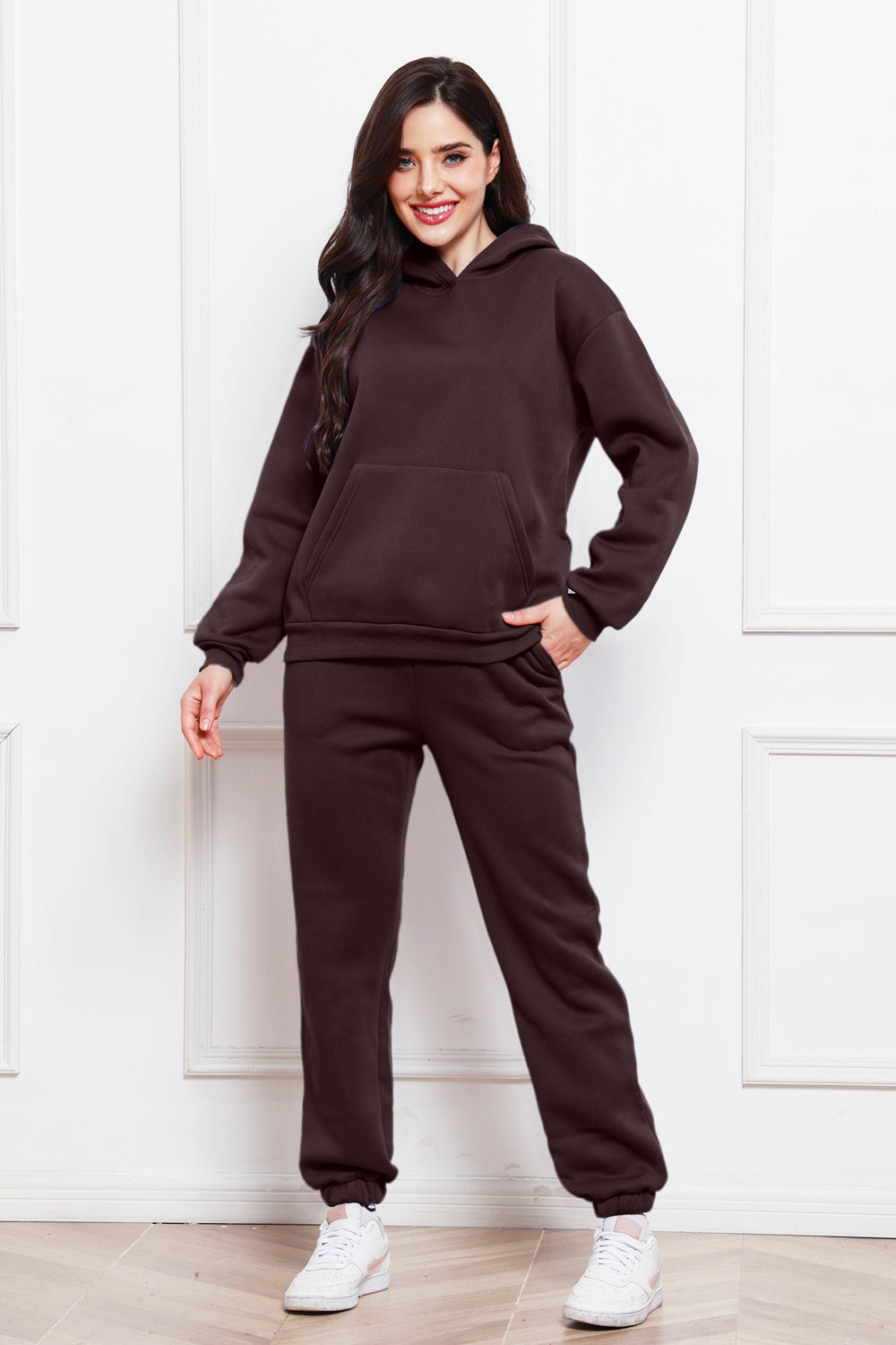 Drop Shoulder Long Sleeve Hoodie and Pants Set - Whateversit