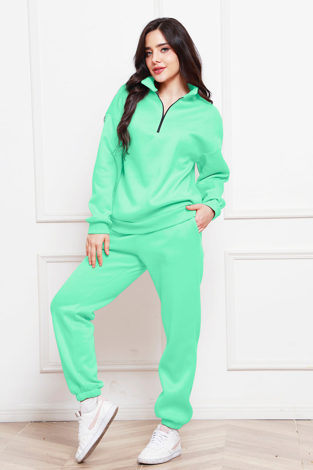 Half Zip Long Sleeve Sweatshirt and Pants Set - Whateversit
