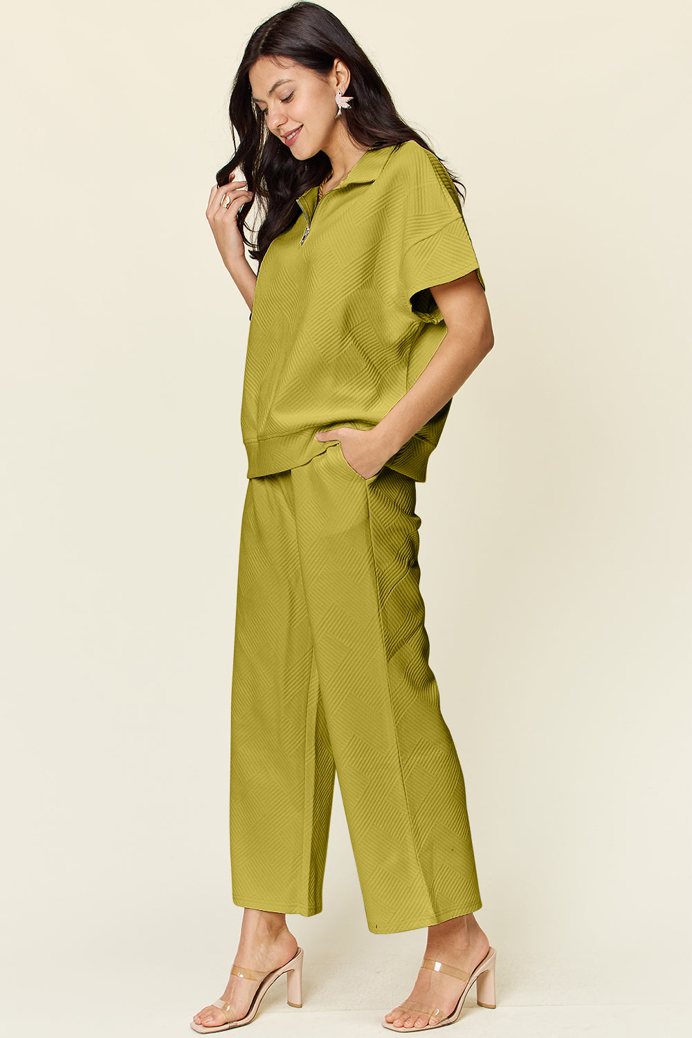 Double Take Full Size Texture Half Zip Short Sleeve Top and Pants Set - Whateversit