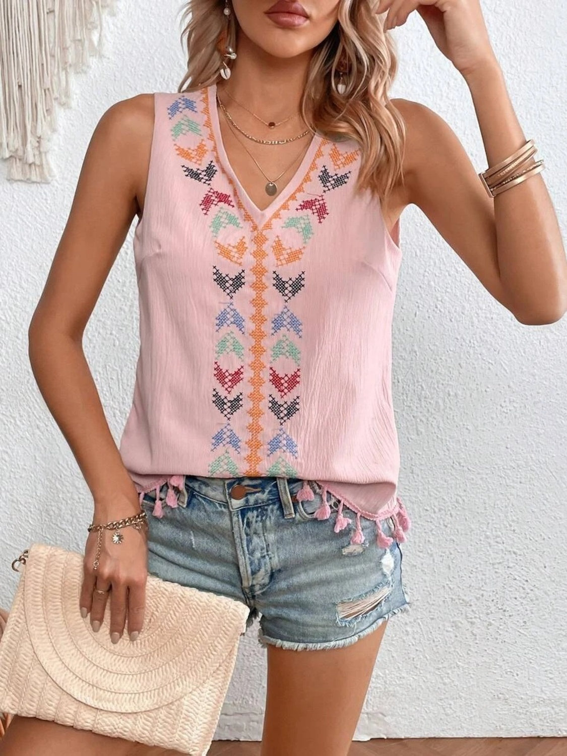 Tassel Printed V-Neck Tank - Whateversit