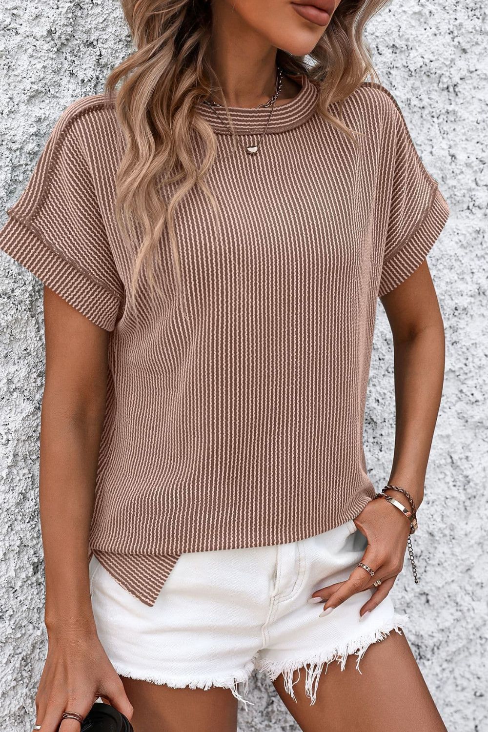 Striped Round Neck Short Sleeve T-Shirt - Whateversit
