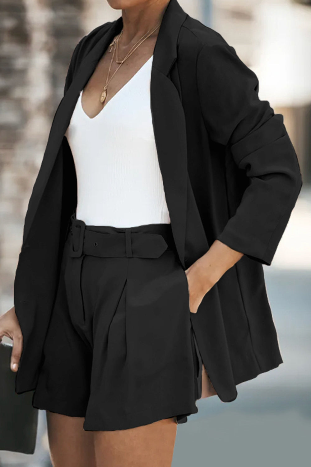 Longline Blazer and Shorts Set with Pockets - Whateversit