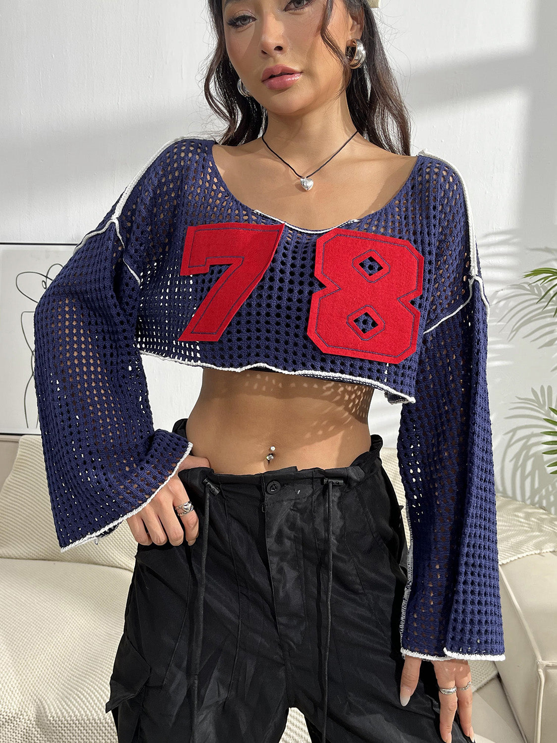 Contrast Patches Long Sleeve Cropped Knit Top - Whateversit
