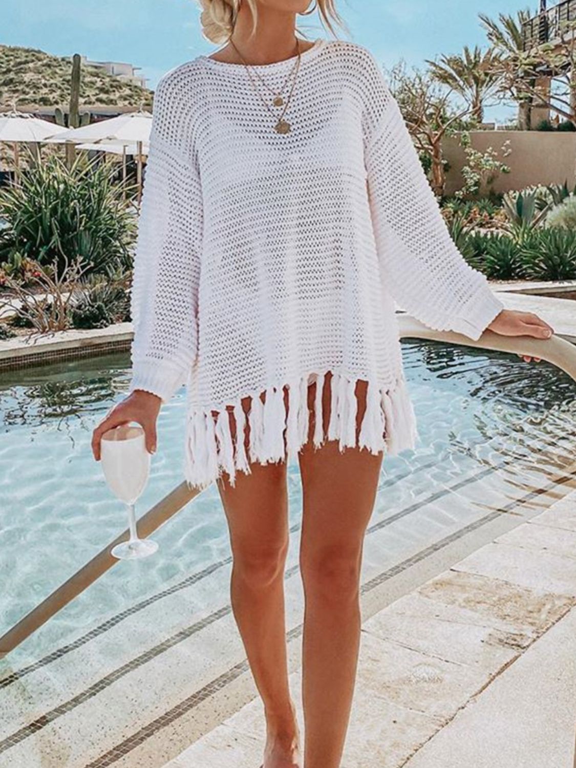 Double Take Openwork Tassel Hem Long Sleeve Knit Cover Up - Whateversit