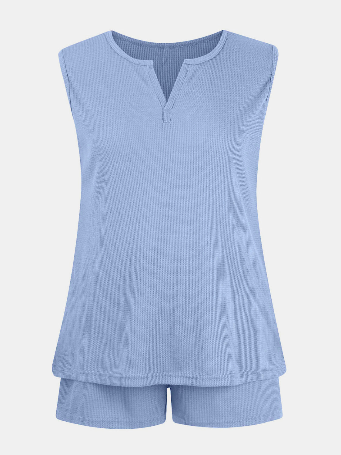 Full Size Waffle-Knit Notched Top and Shorts Set - Whateversit