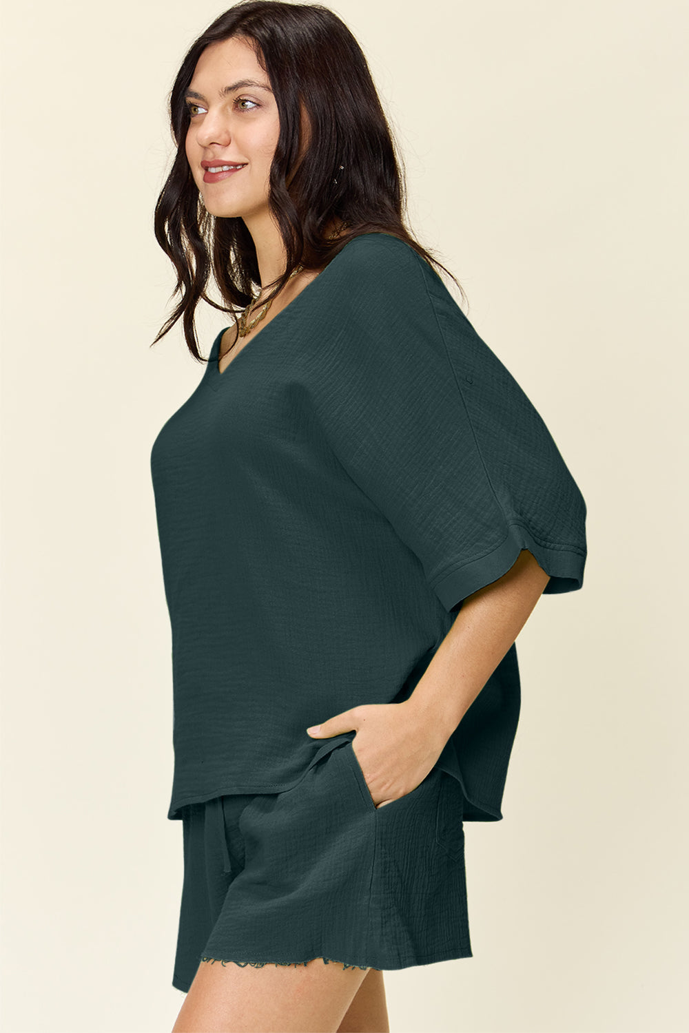 Double Take Texture Half Sleeve T-Shirt and Drawstring Shorts Set - Whateversit