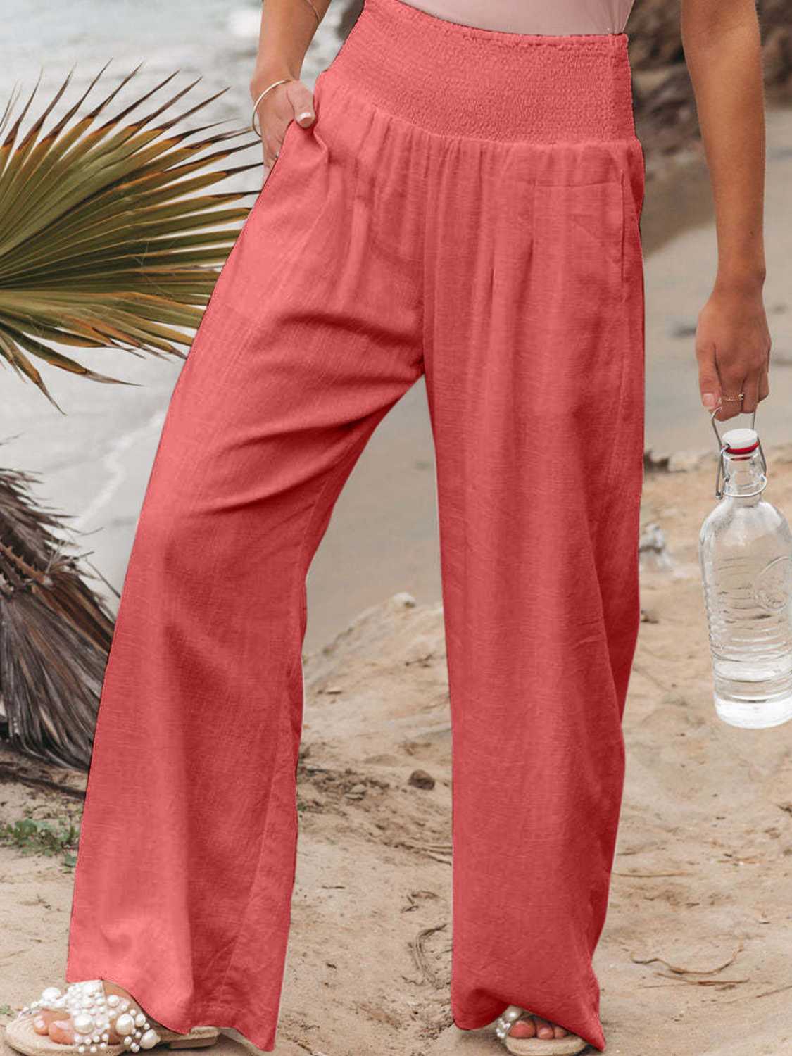 Full Size Smocked Waist Wide Leg Pants - Whateversit