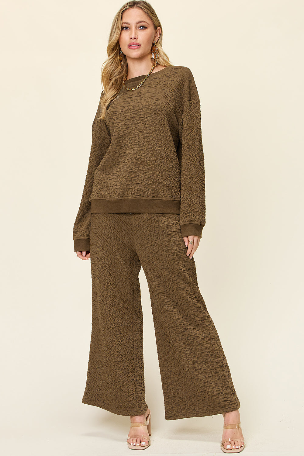 Double Take Full Size Texture Long Sleeve Top and Pants Set - Whateversit