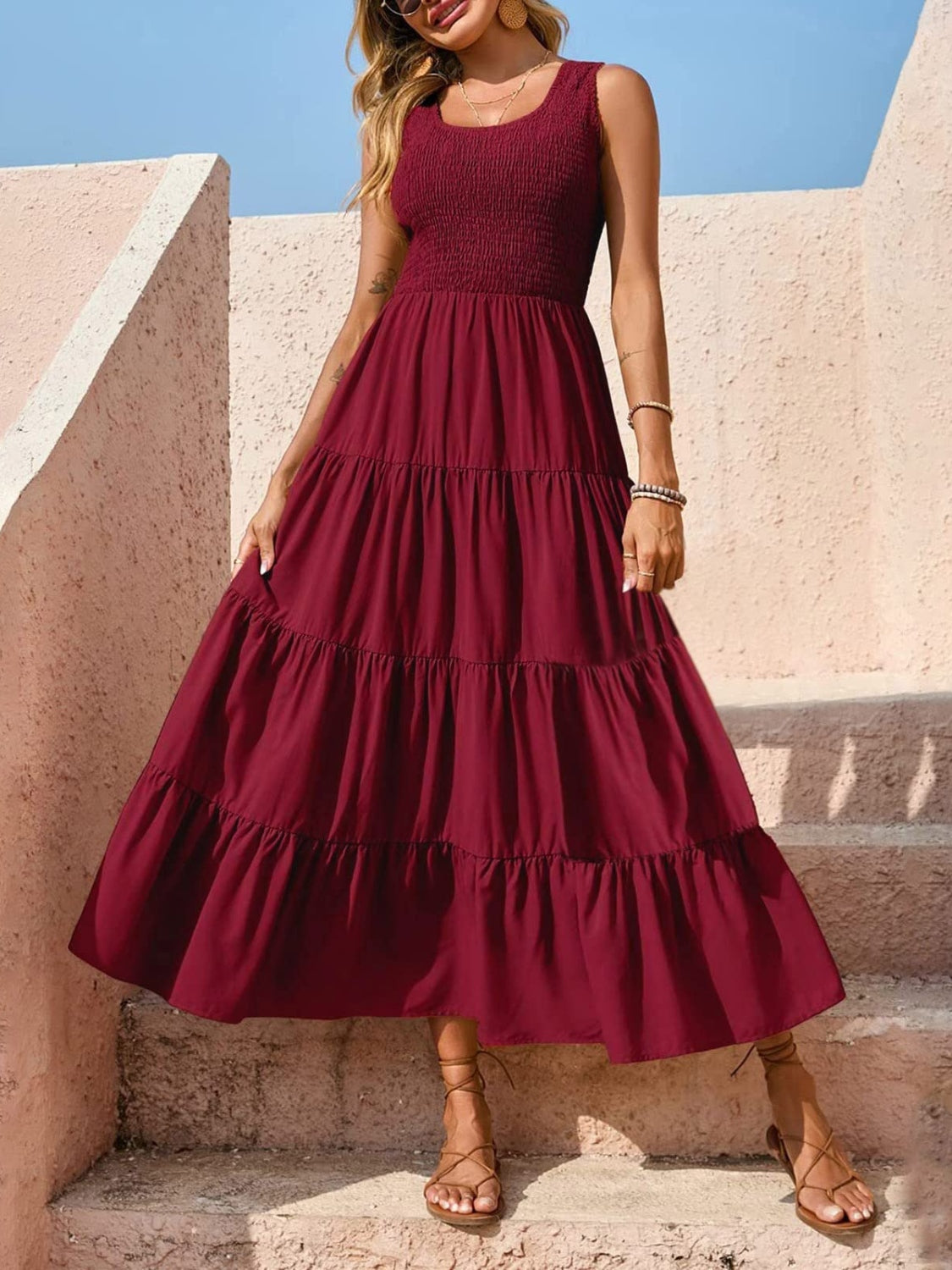 Tiered Smocked Wide Strap Dress - Whateversit