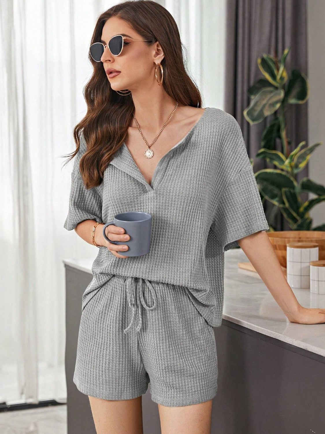 Full Size Waffle-Knit Dropped Shoulder Top and Shorts Set - Whateversit