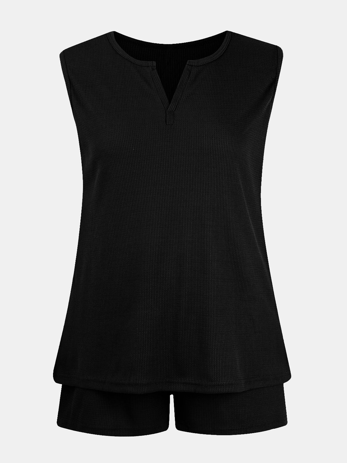 Full Size Waffle-Knit Notched Top and Shorts Set - Whateversit