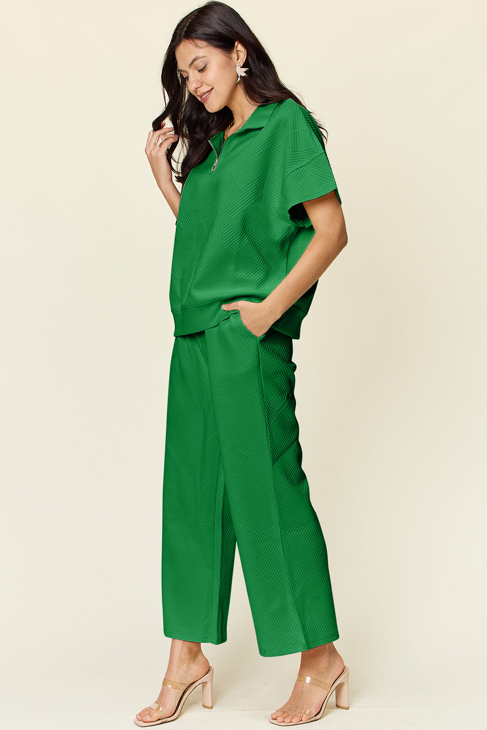 Double Take Full Size Texture Half Zip Short Sleeve Top and Pants Set - Whateversit