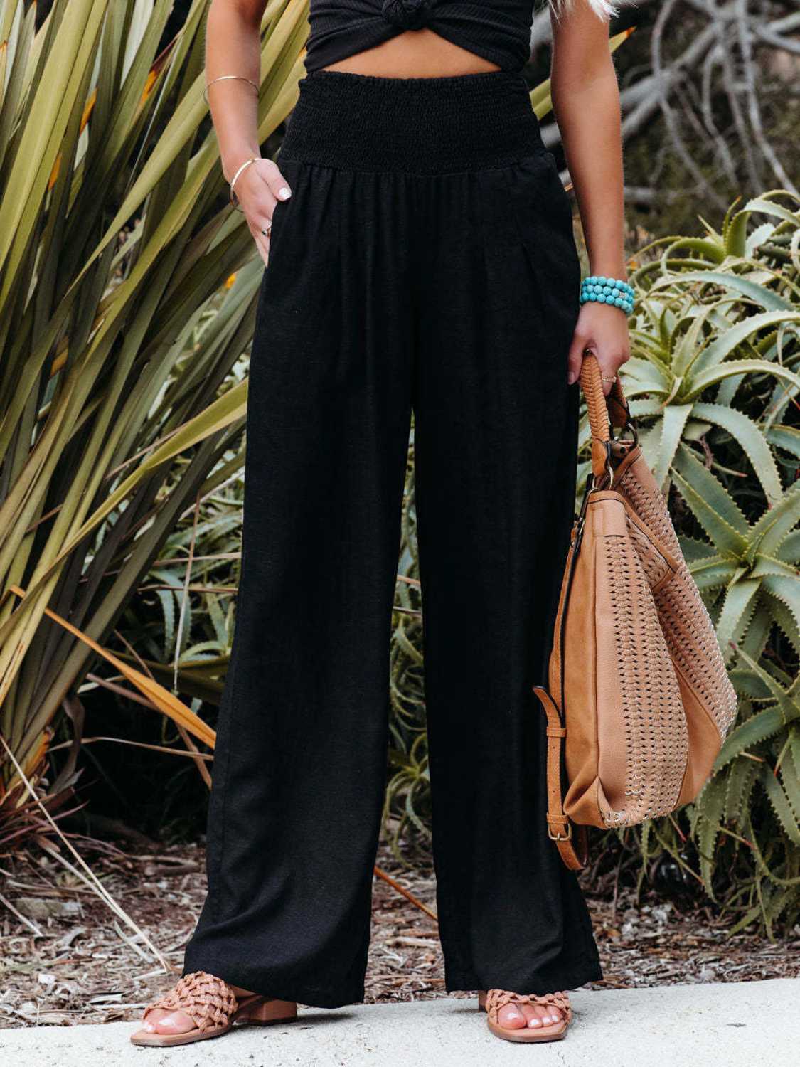 Full Size Smocked Waist Wide Leg Pants - Whateversit